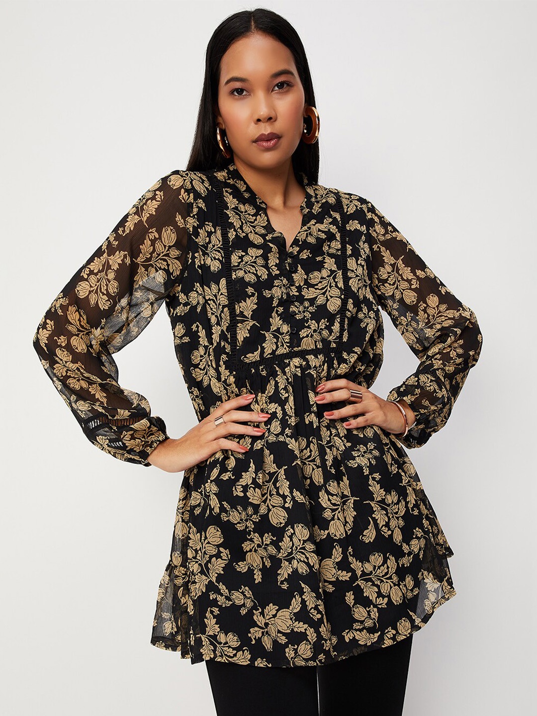 

max Floral Printed Mandarin Collar Tunic, Black