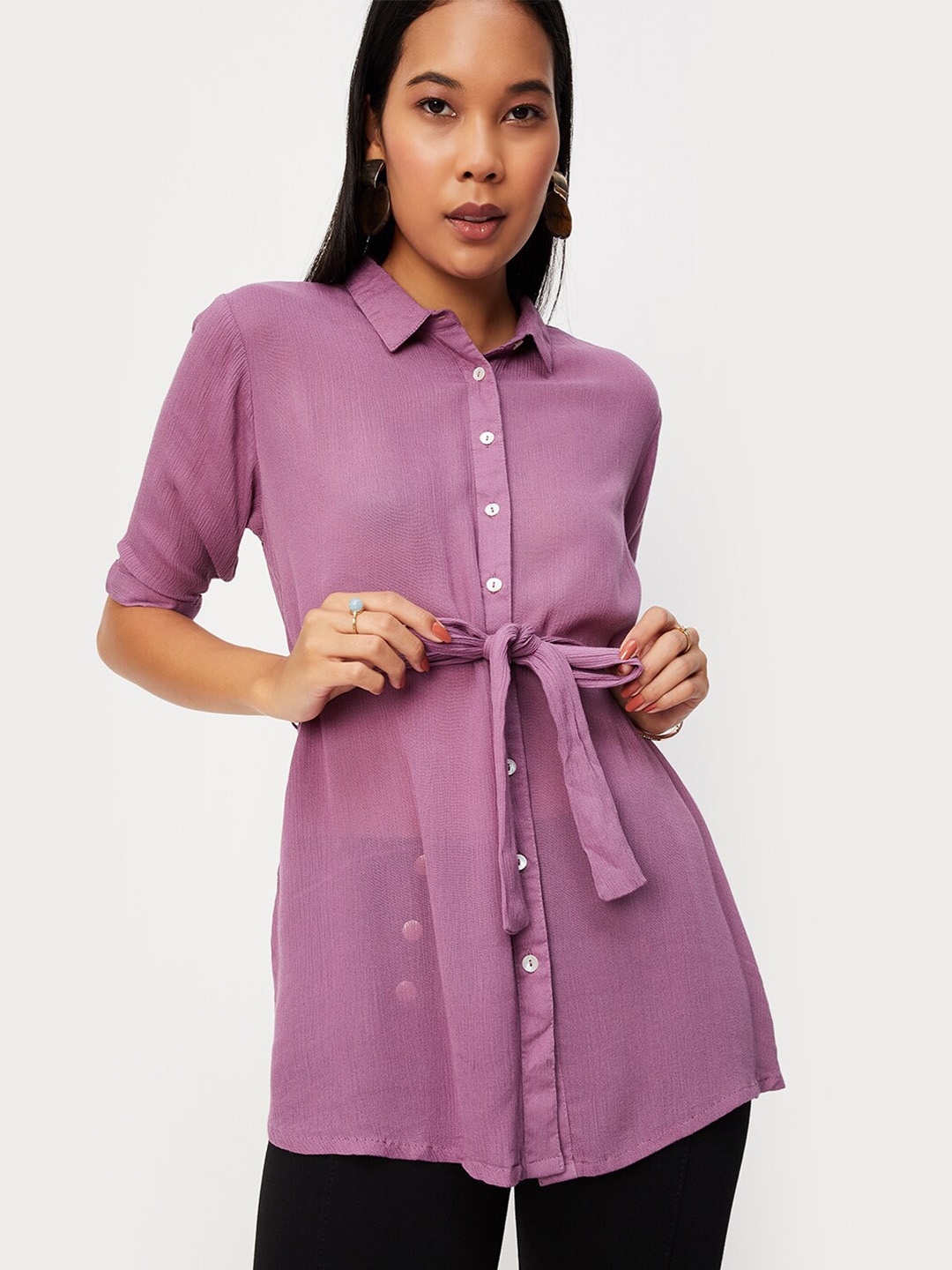 

max Shirt Collar Tie Up Tunic, Purple