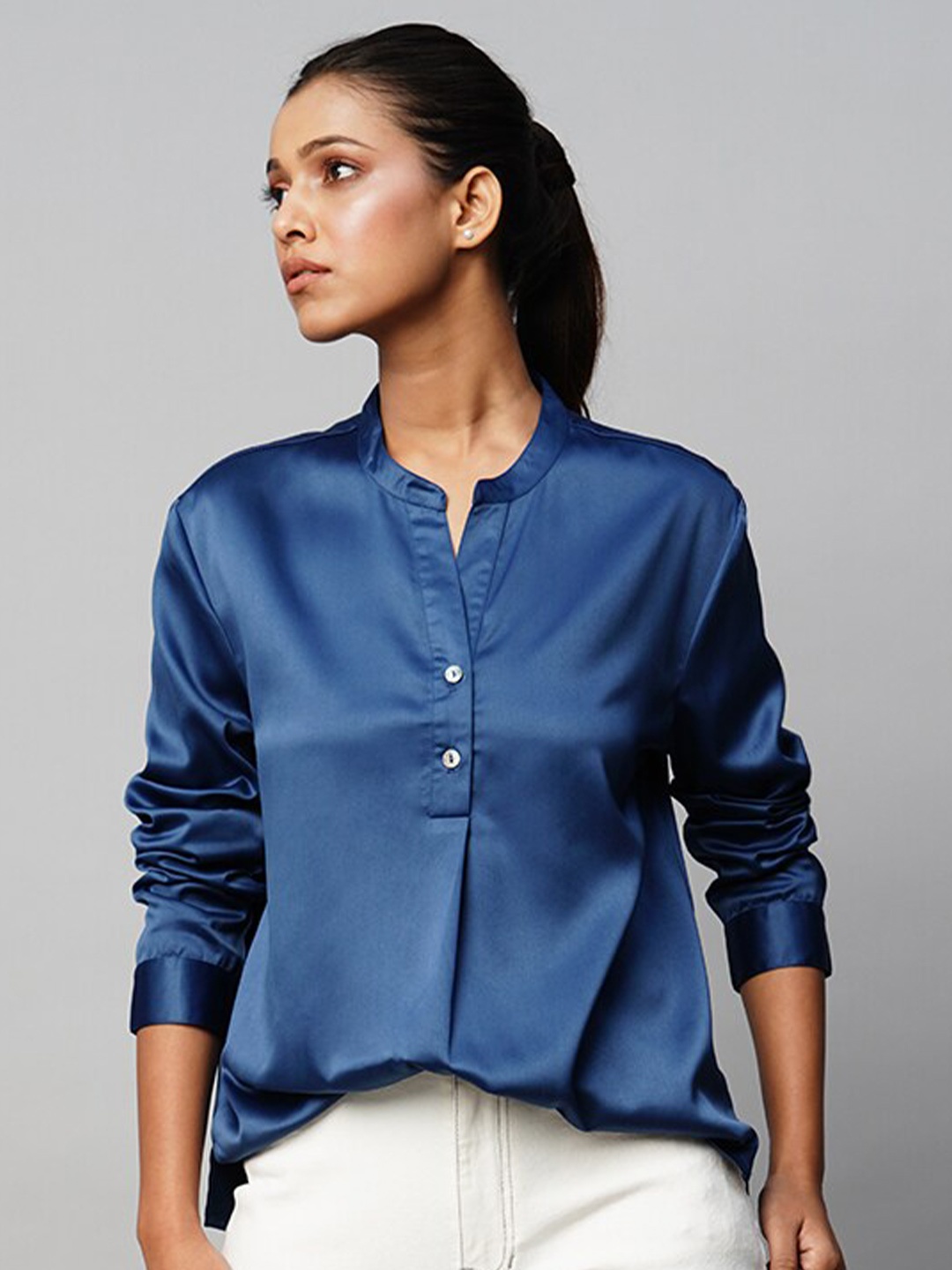 

Chemistry Satin Mandarin Collar Shirt Style Top, Blue