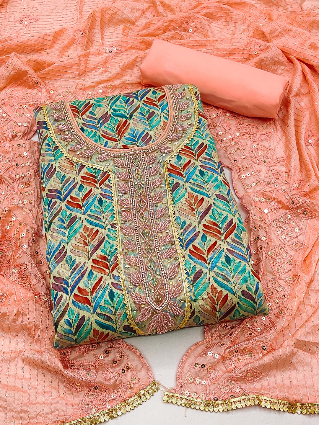 

KALINI Geometric Printed Embellished Unstitched Dress Material, Peach