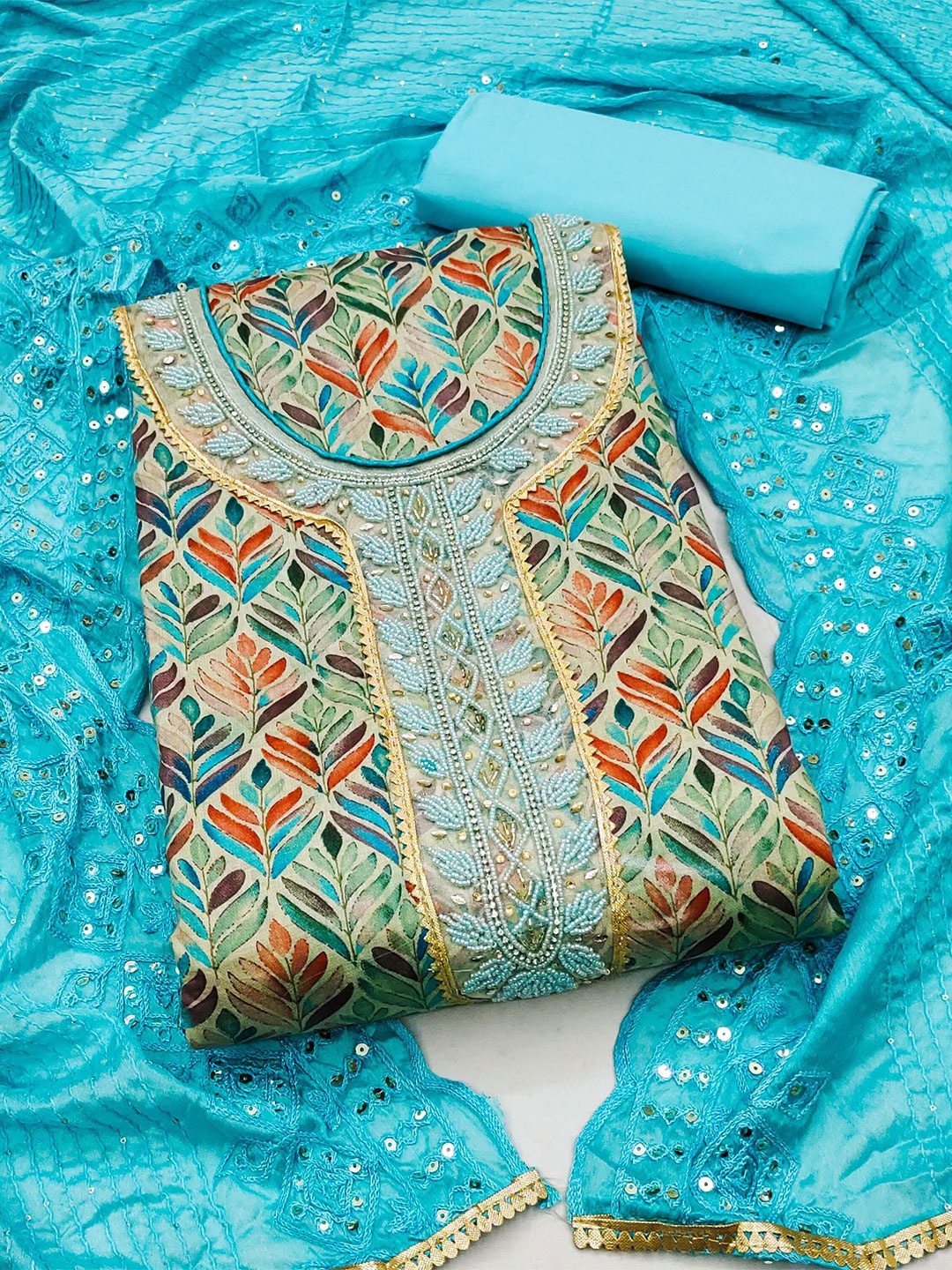 

KALINI Ethnic Motif Printed Unstitched Dress Material, Blue