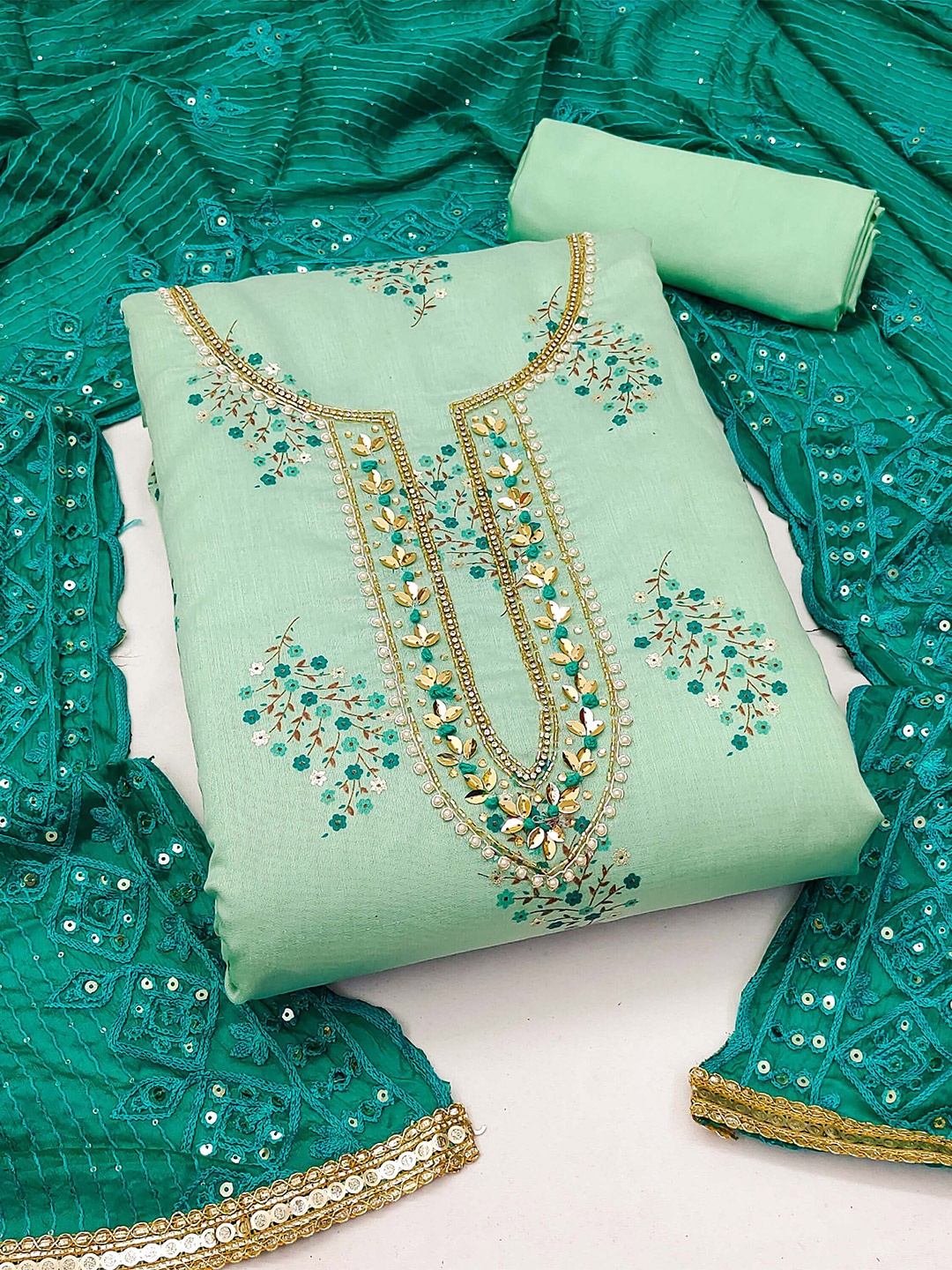 

KALINI Printed Embellished Unstitched Dress Material, Sea green