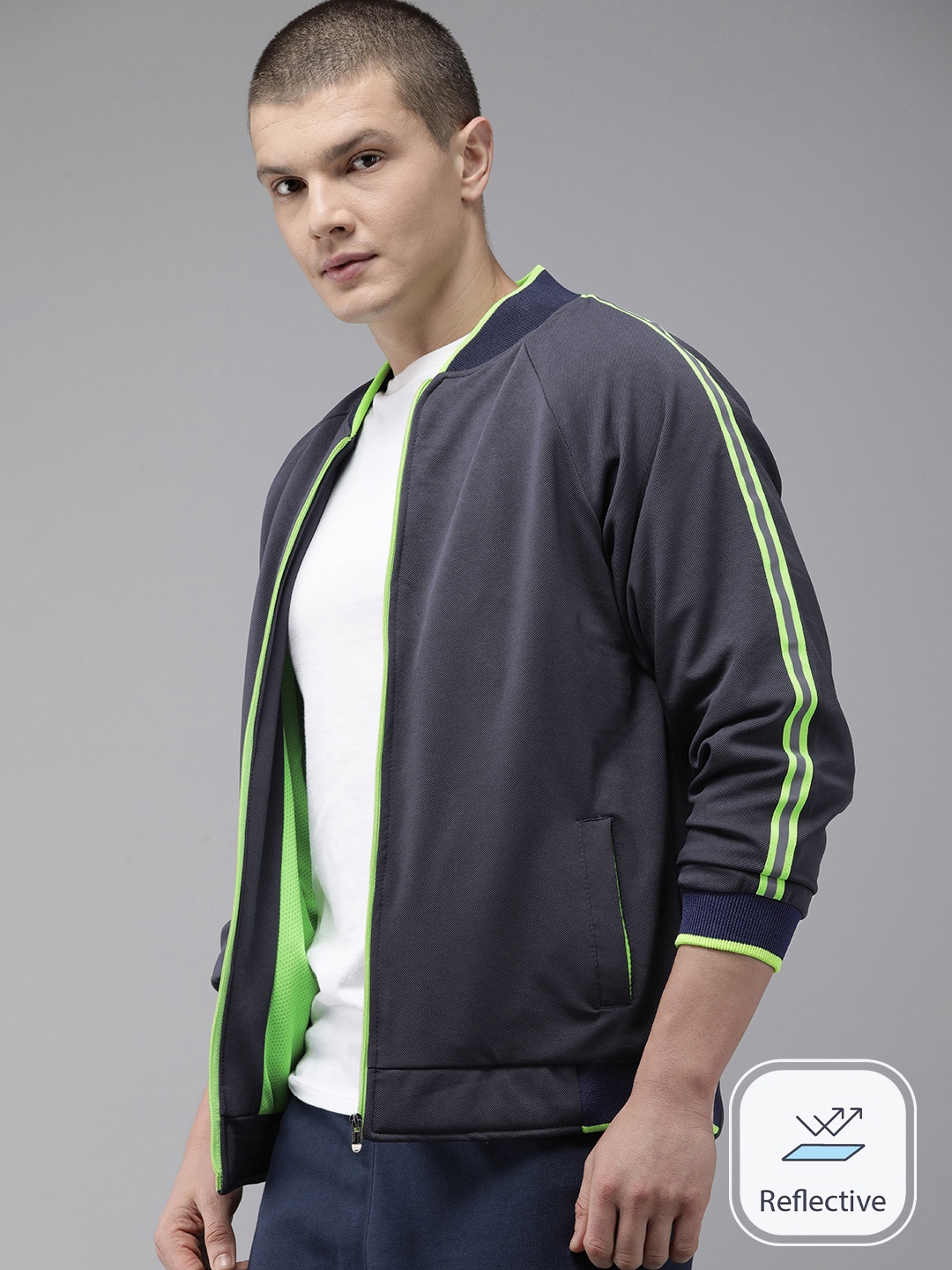 

VOXATI Men Striped Reflective Sporty Jacket, Grey