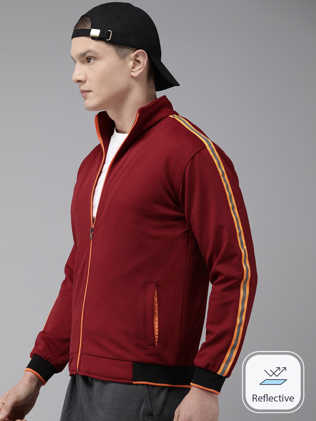 

VOXATI Men Striped Reflective Sporty Jacket, Maroon