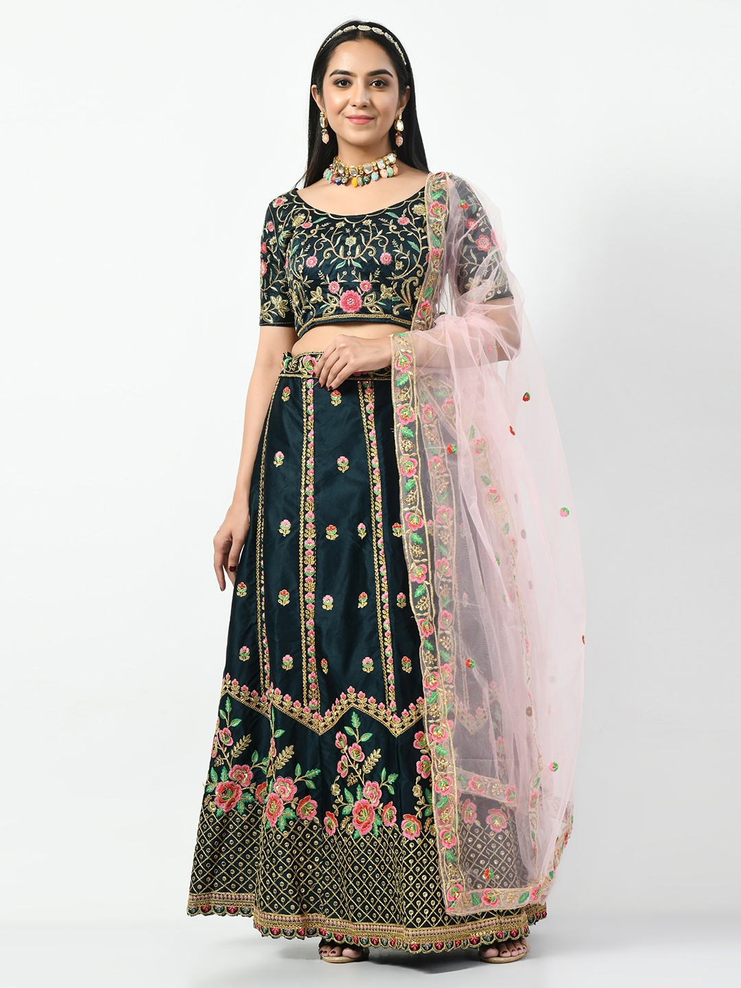 

Angroop Embroidered Sequinned Semi-Stitched Lehenga & Unstitched Blouse With Dupatta, Teal