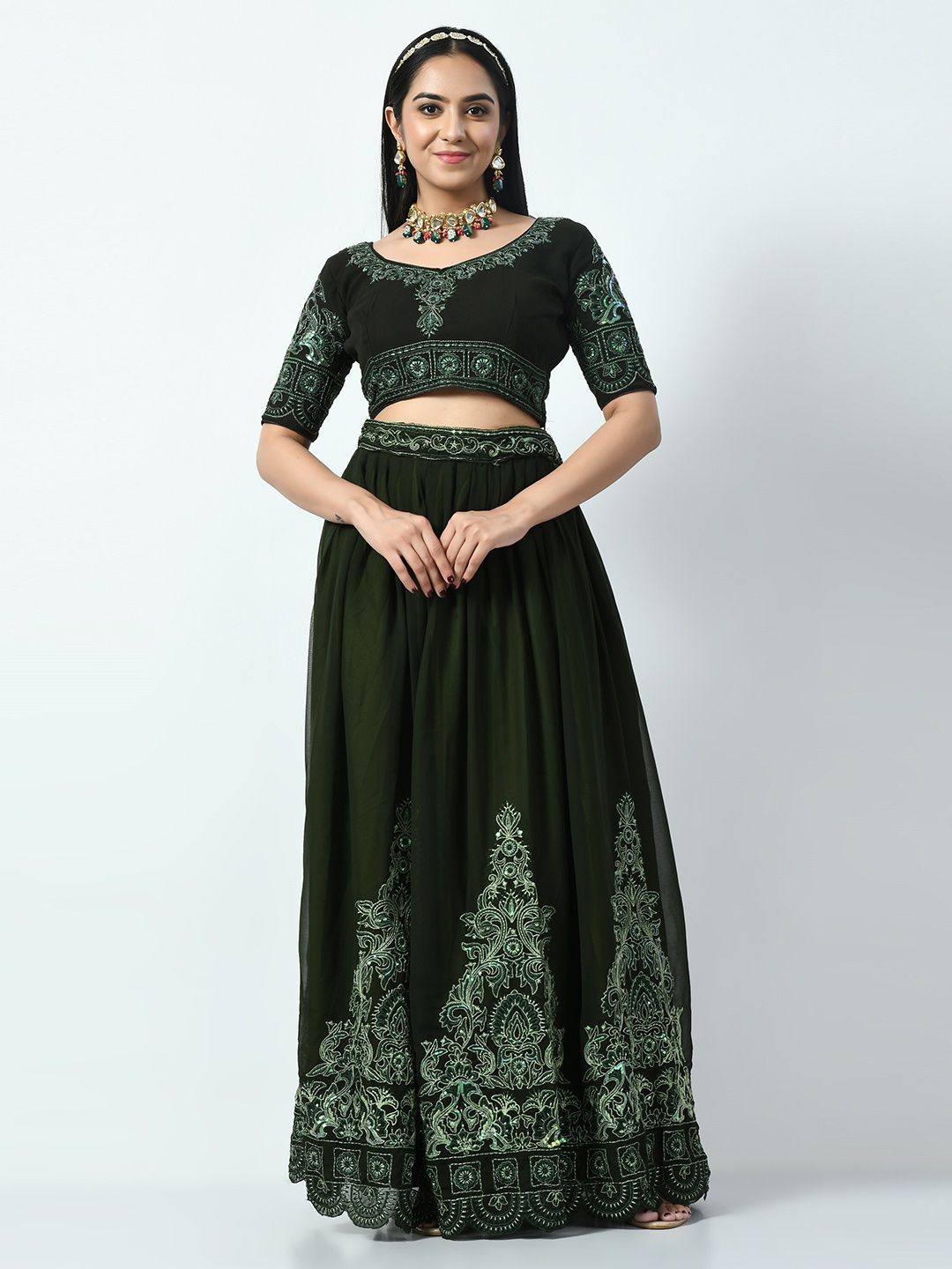 

Angroop Embroidered Sequinned Semi-Stitched Lehenga & Unstitched Blouse With Dupatta, Olive