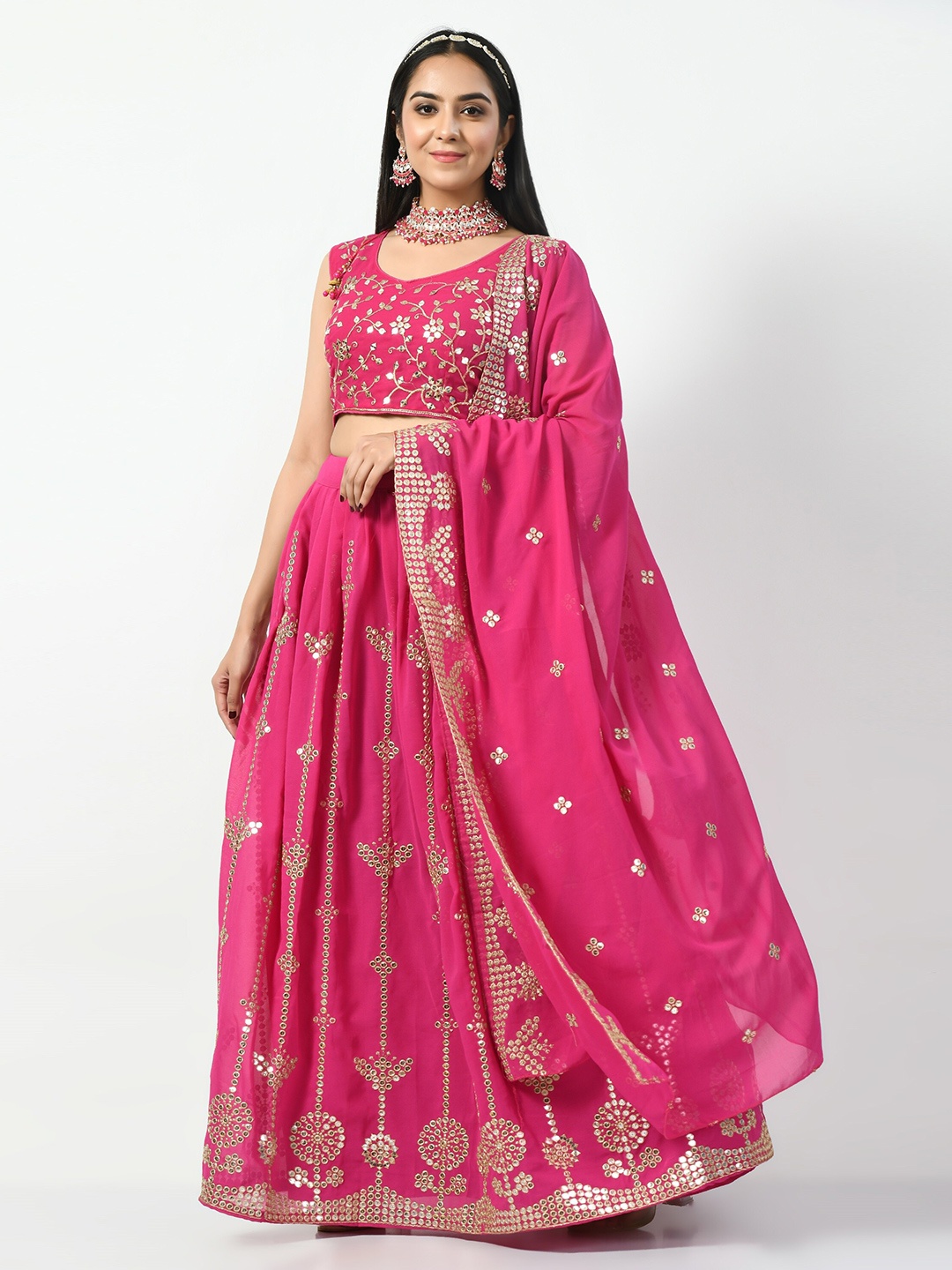 

Angroop Embellished Mirror Work Semi-Stitched Lehenga & Unstitched Blouse With Dupatta, Pink
