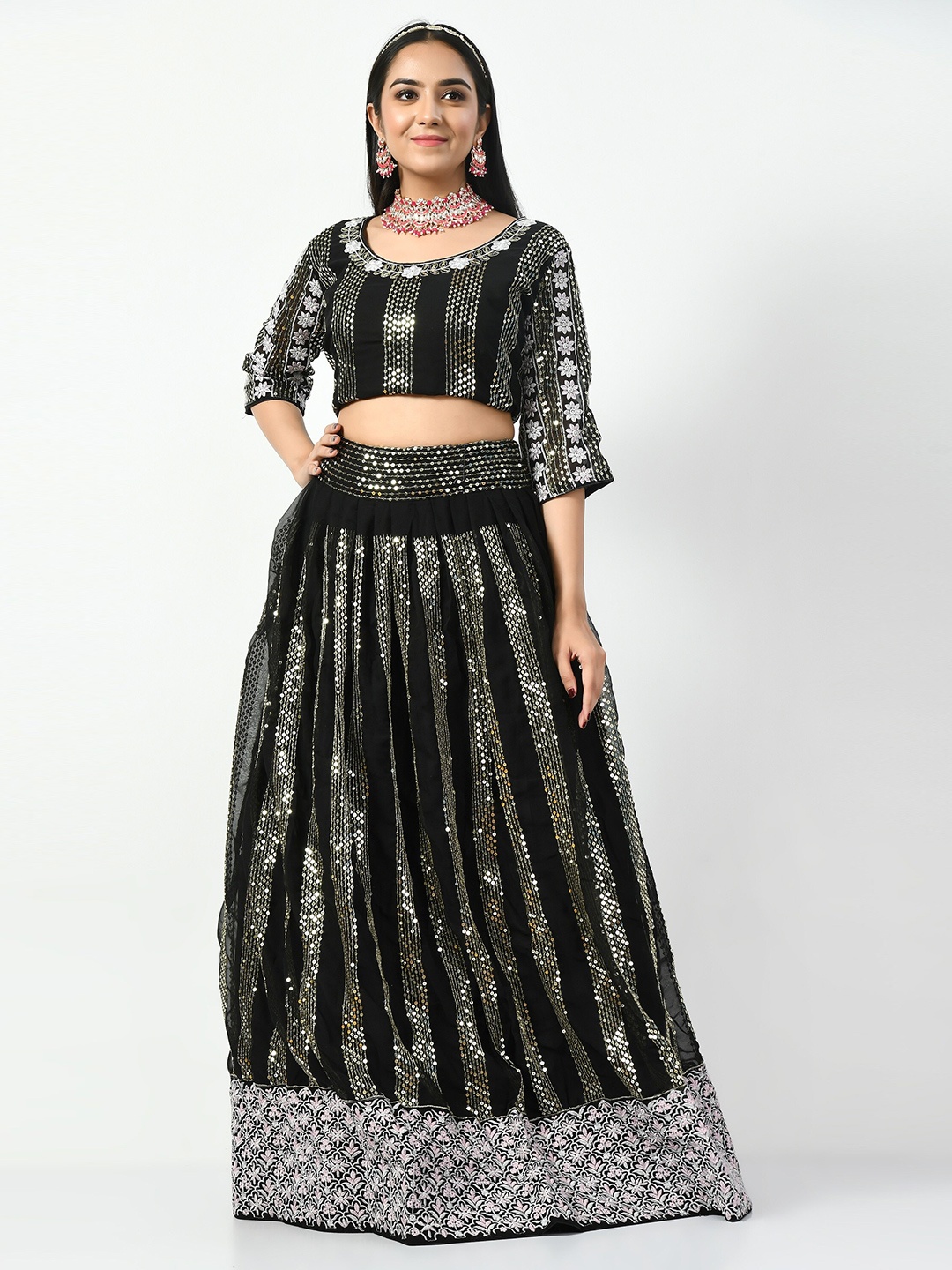 

Angroop Embroidered Sequinned Semi-Stitched Lehenga & Unstitched Blouse With Dupatta, Black