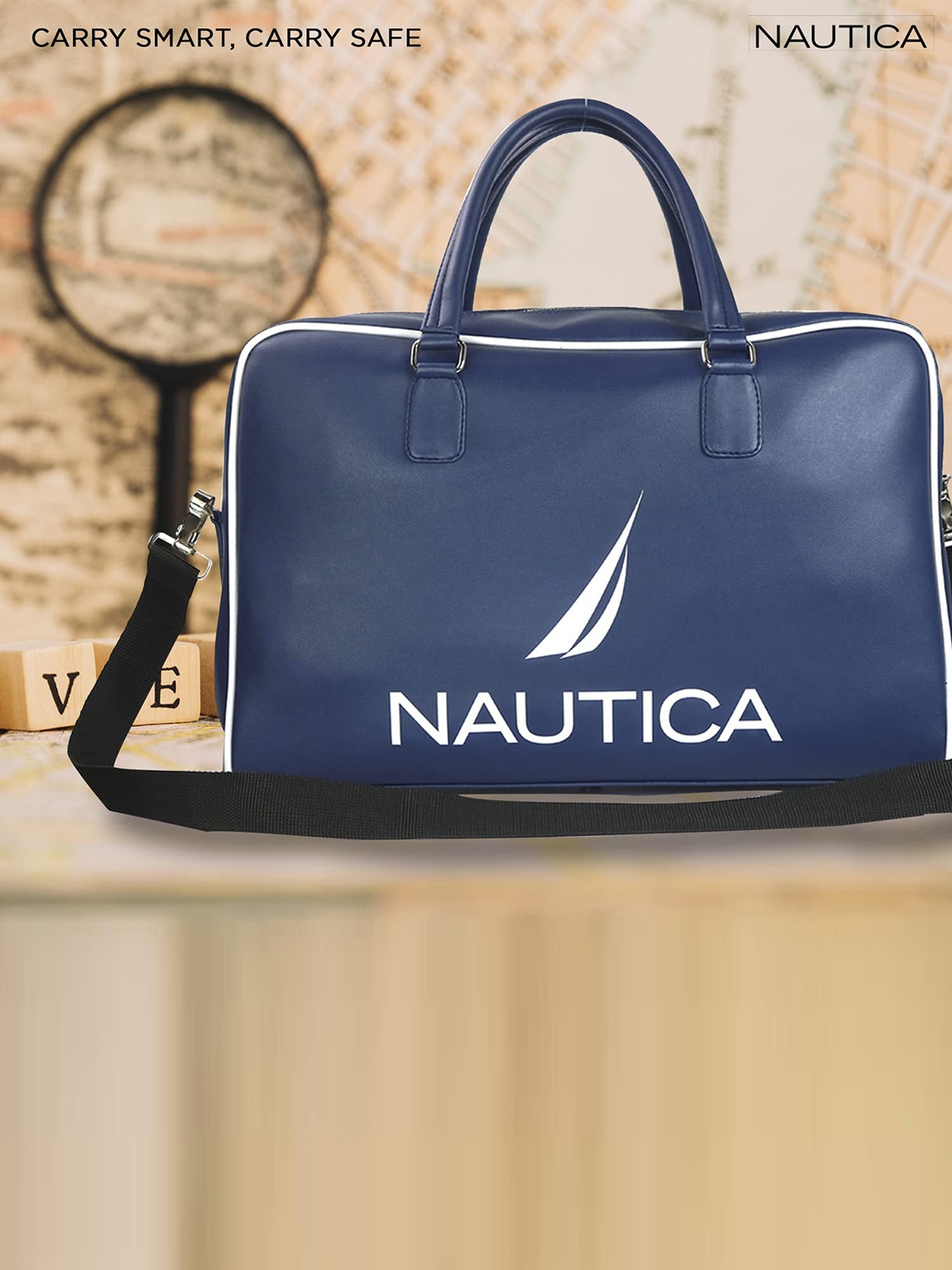 

Nautica Typography Printed Leather Duffel Bag, Navy blue