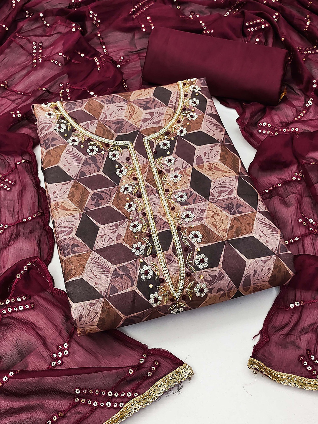 

KALINI Geometric Printed Unstitched Dress Material, Burgundy