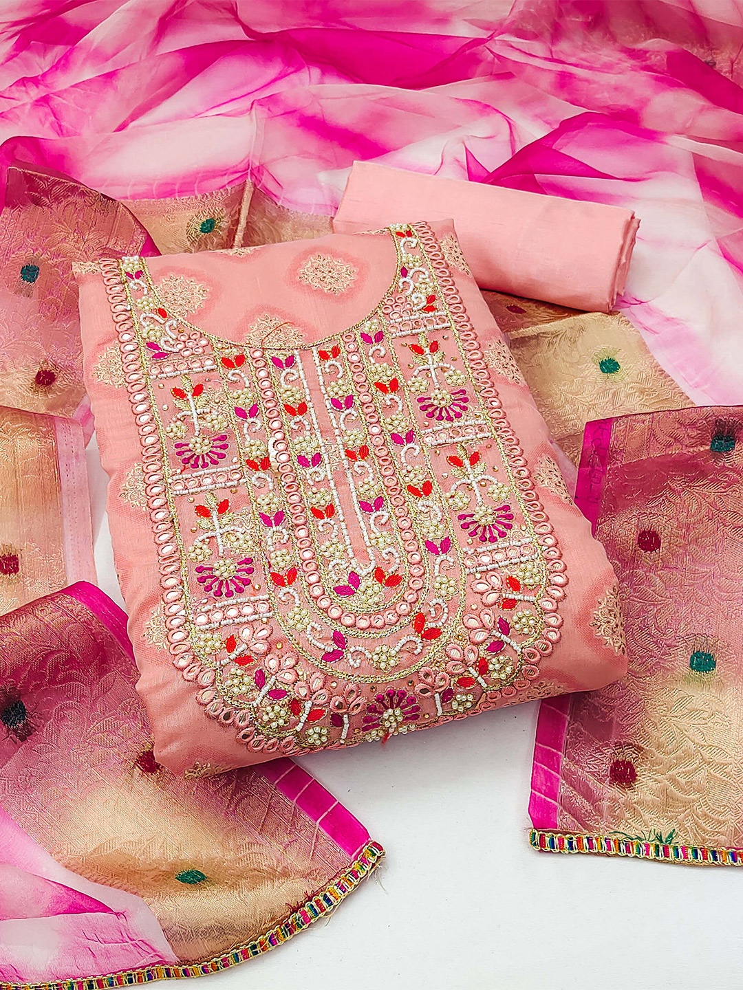 

KALINI Embellished Unstitched Dress Material, Peach