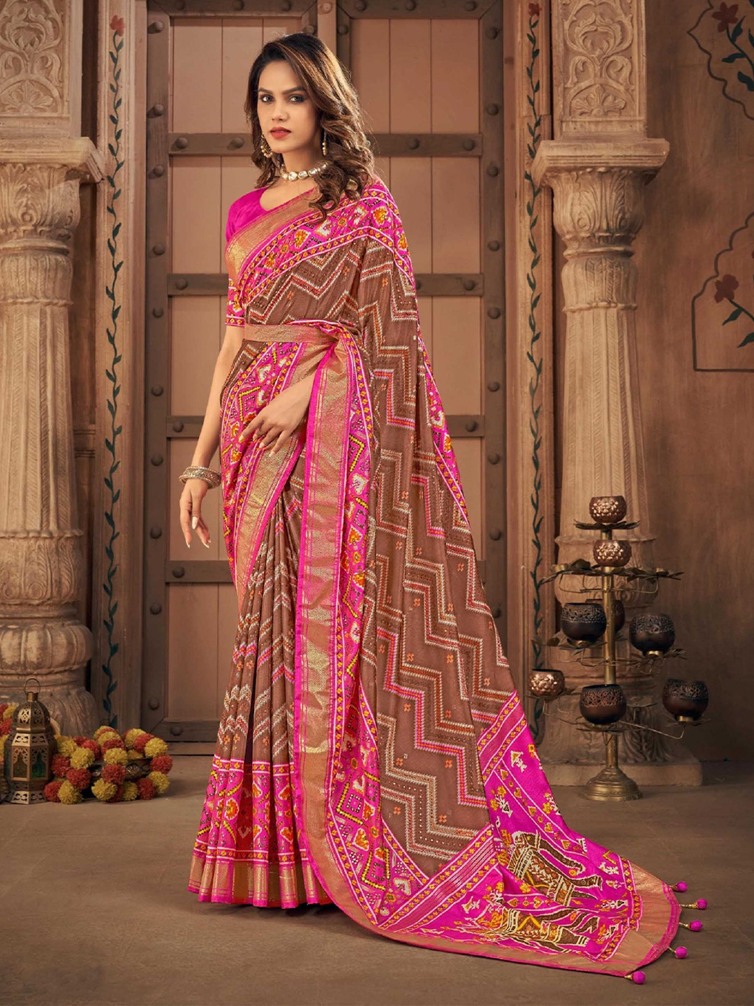 

Mitera Brown Geometric Printed Zari Detailed Patola Saree