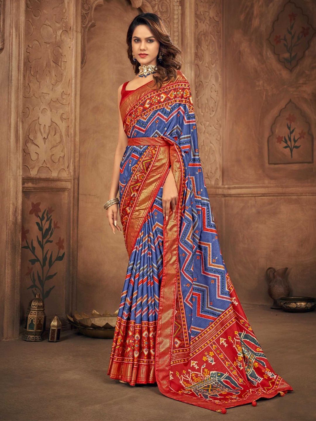 

Mitera Blue Geometric Printed Zari Detailed Patola Saree