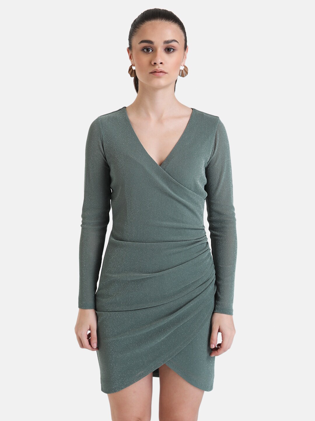 

Kazo V-Neck Regular Sleeves Gathered Wrap Mini Dress, Green