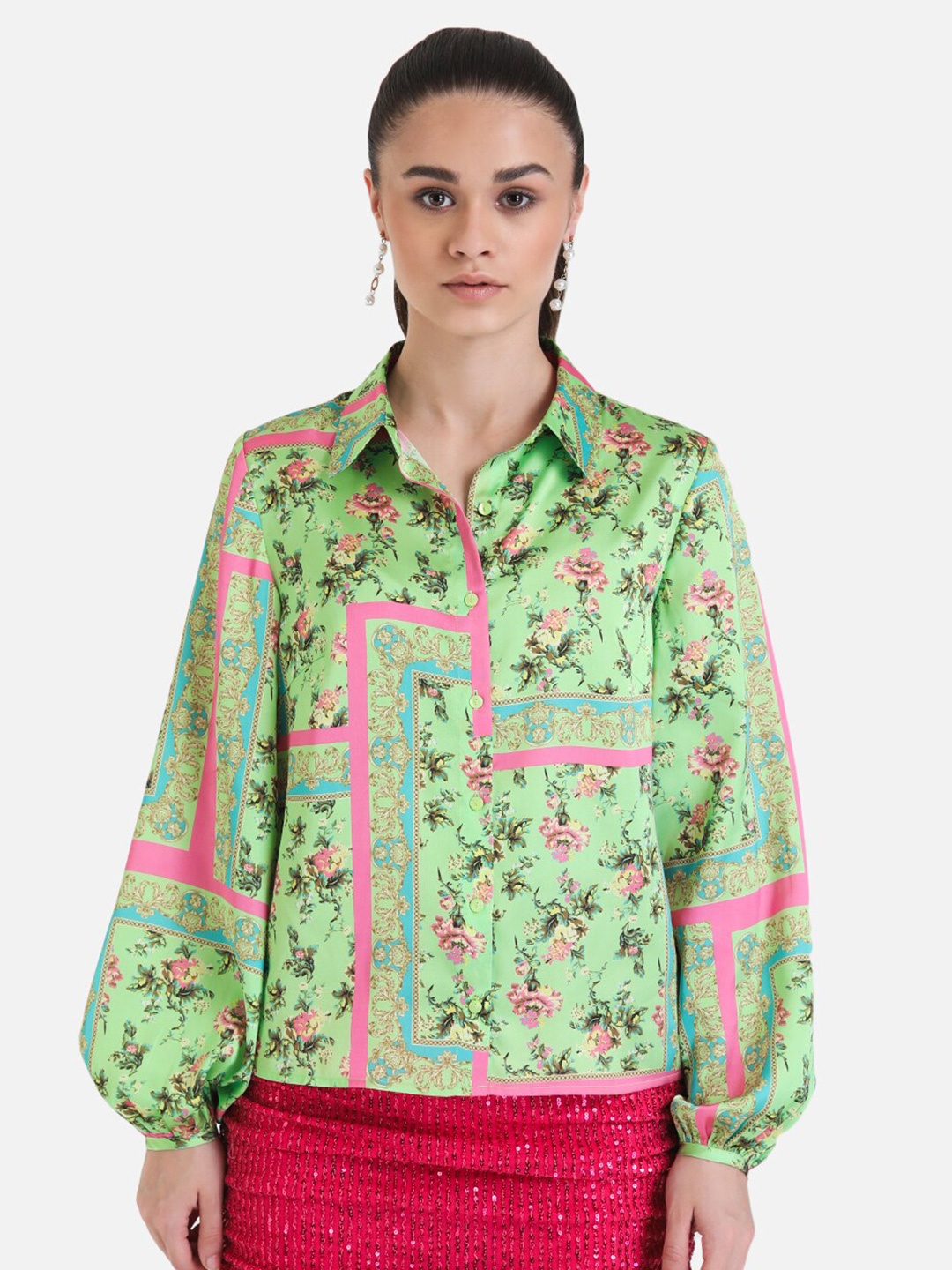 

Kazo Floral Printed Spread Collar Puff Sleeve Casual Shirt, Green