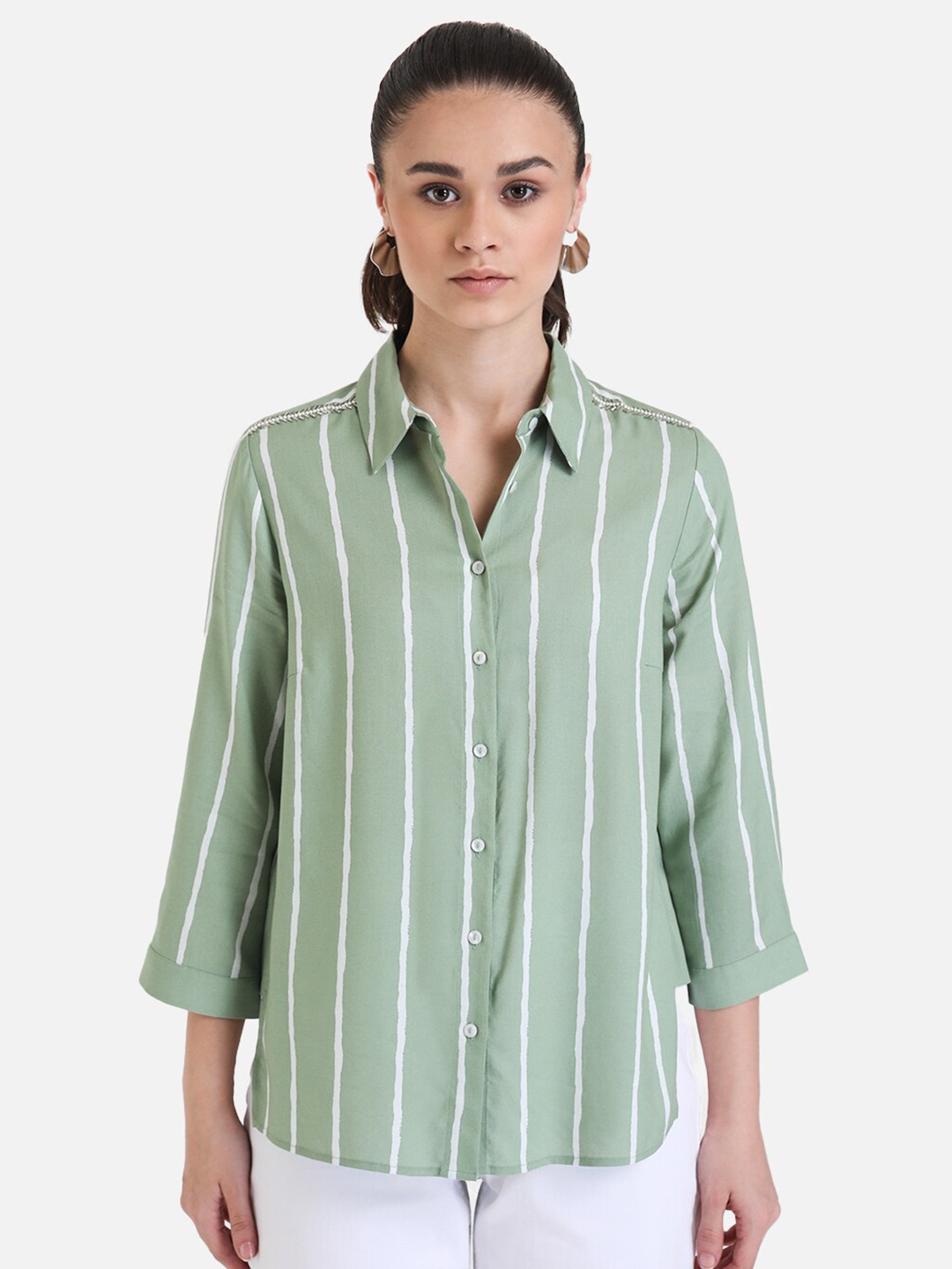 

Kazo Vertical Striped Spread Collar Casual Shirt, Green