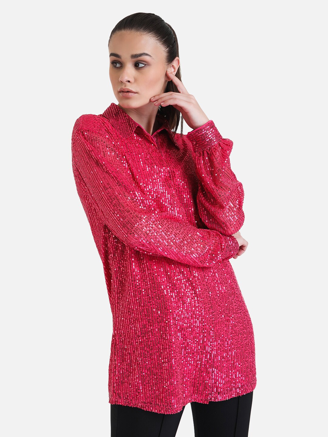 

Kazo Self Design Textured Embellished Boxy Fit Party Longline Shirt, Pink