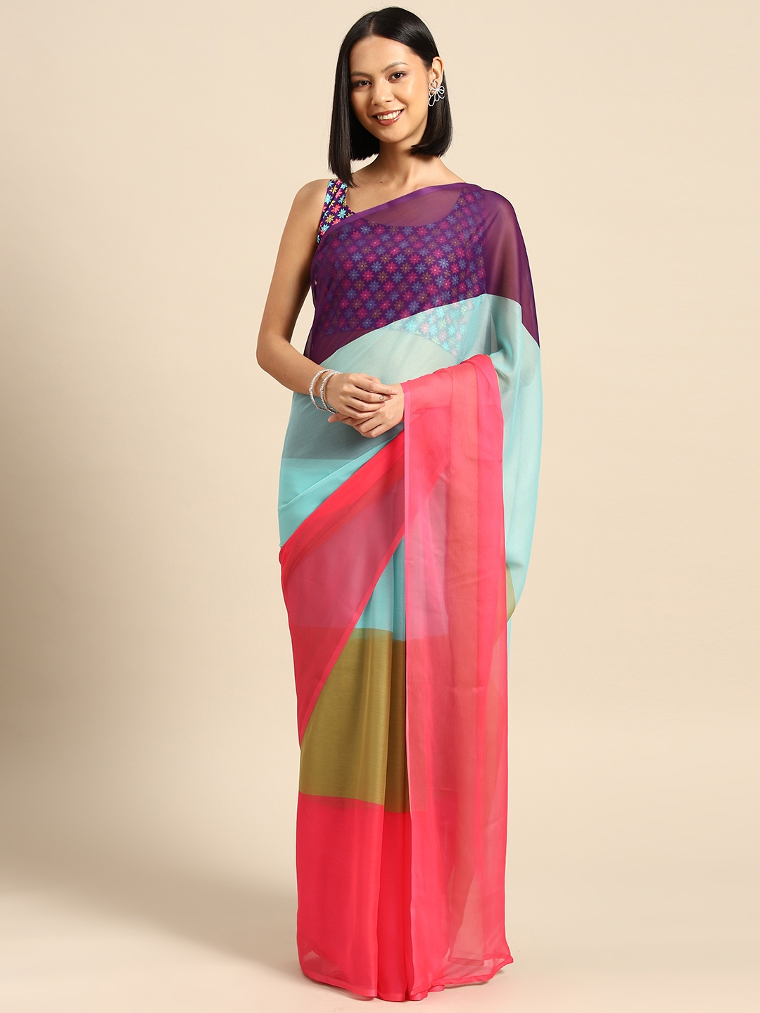 

Ahalyaa Colourblocked Poly Chiffon Saree, Multi