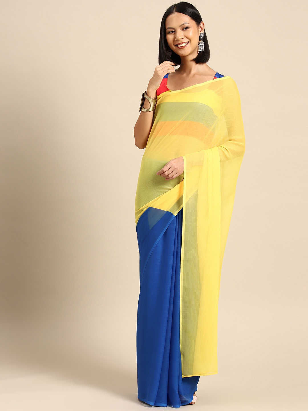 

Ahalyaa Colourblocked Poly Chiffon Half and Half Saree, Yellow