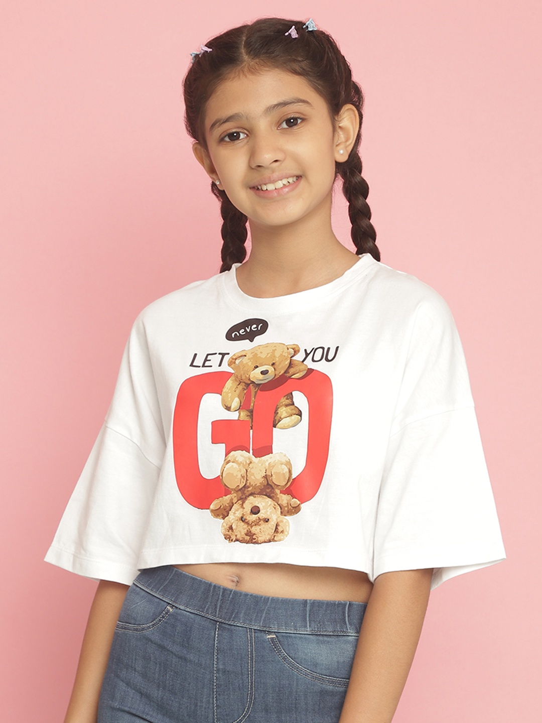 

Natilene Girls Graphic Printed Drop Shoulder Pure Cotton Tshirt, White