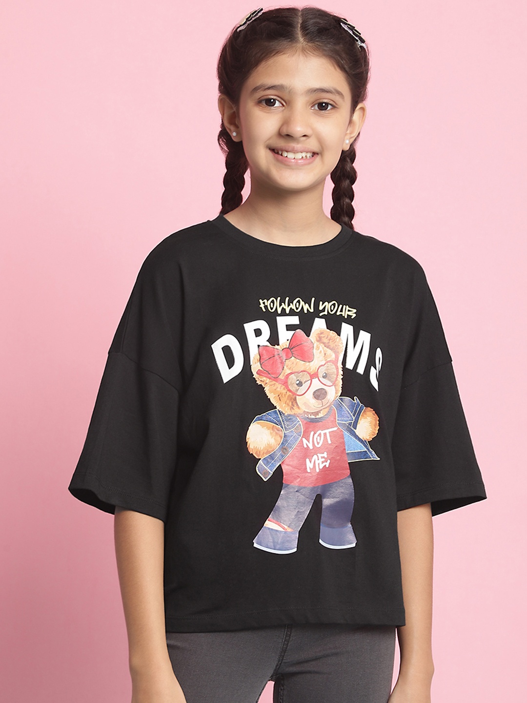 

Natilene Girls Graphic Printed Drop Shoulder Sleeves Pure Cotton Top, Black