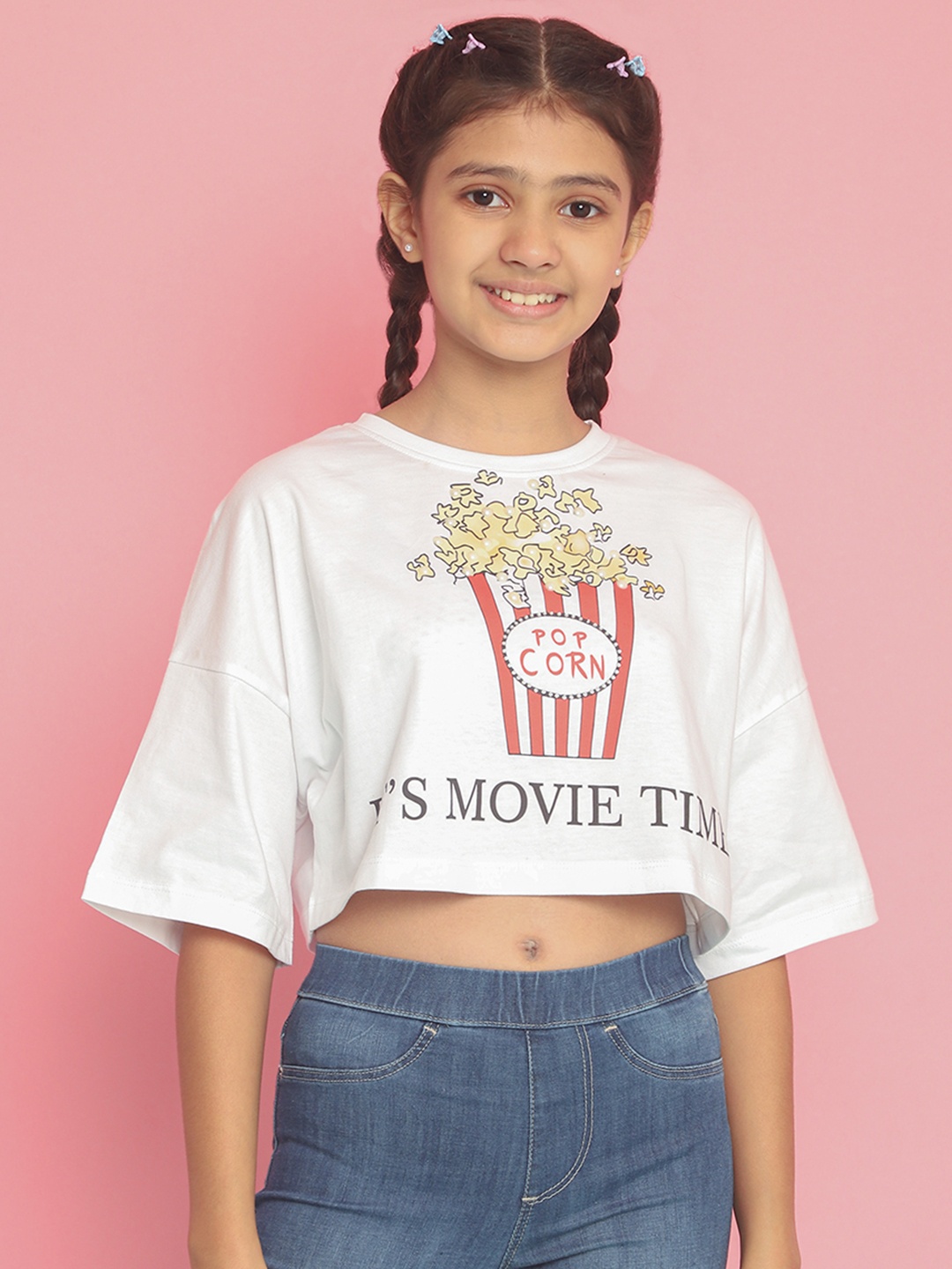 

Natilene Girls Graphic Printed Drop Shoulder Pure Cotton Tshirt, White