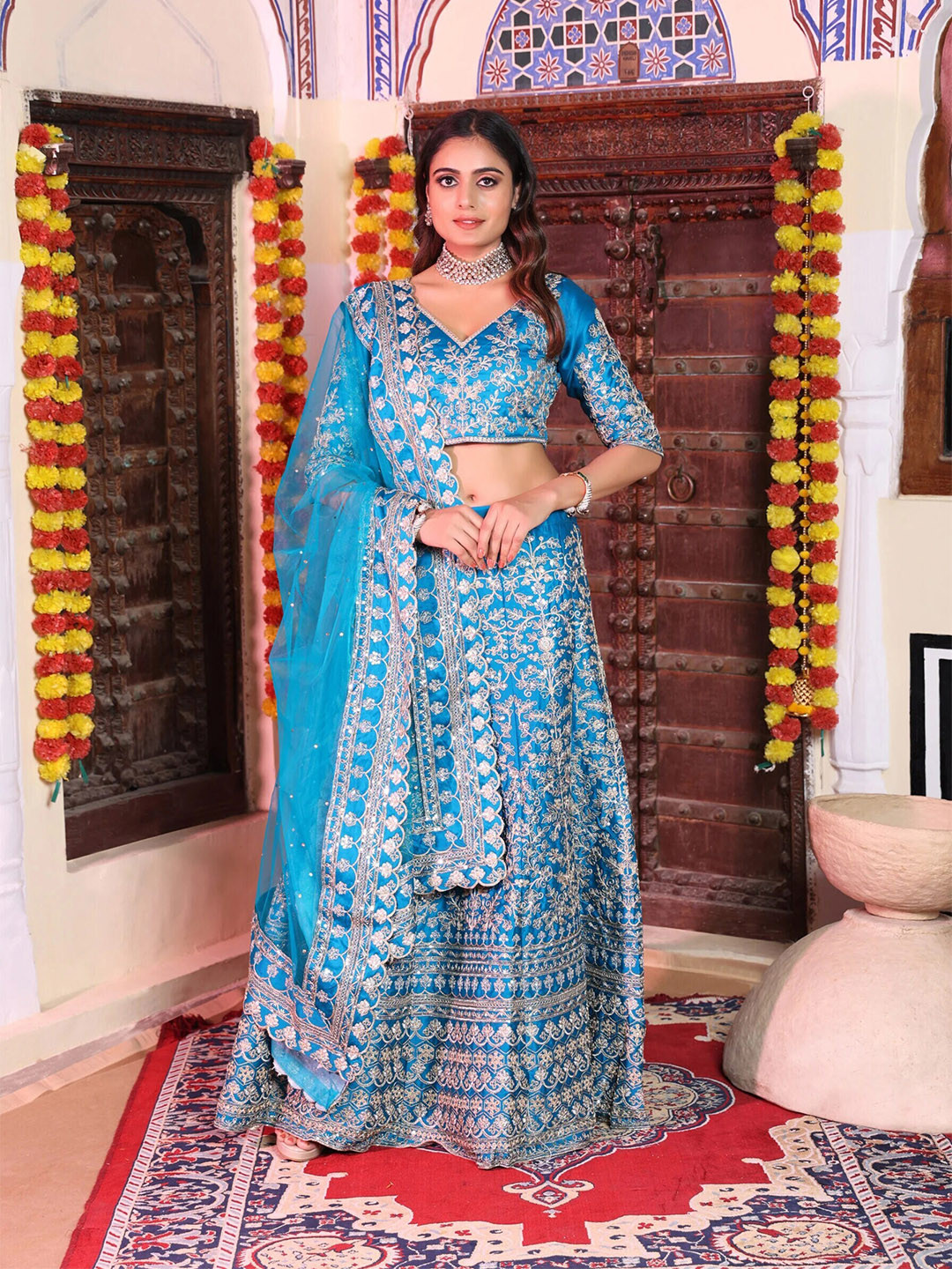 

Phenav Embroidered Semi-Stitched Lehenga & Blouse With Dupatta, Blue