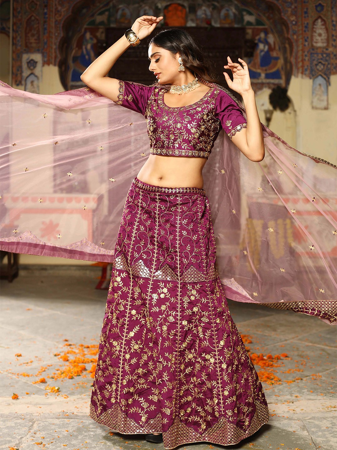 

Phenav Embroidered Semi-Stitched Lehenga & Blouse With Dupatta, Purple