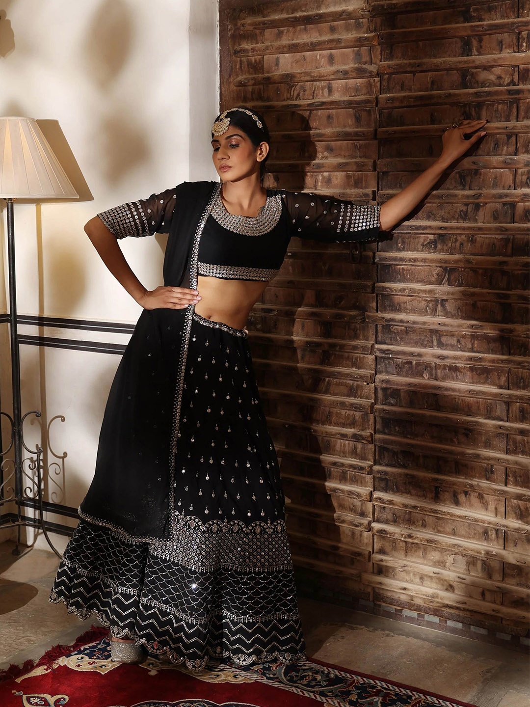 

Phenav Embellished Sequinned Semi-Stitched Lehenga & Blouse With Dupatta, Black