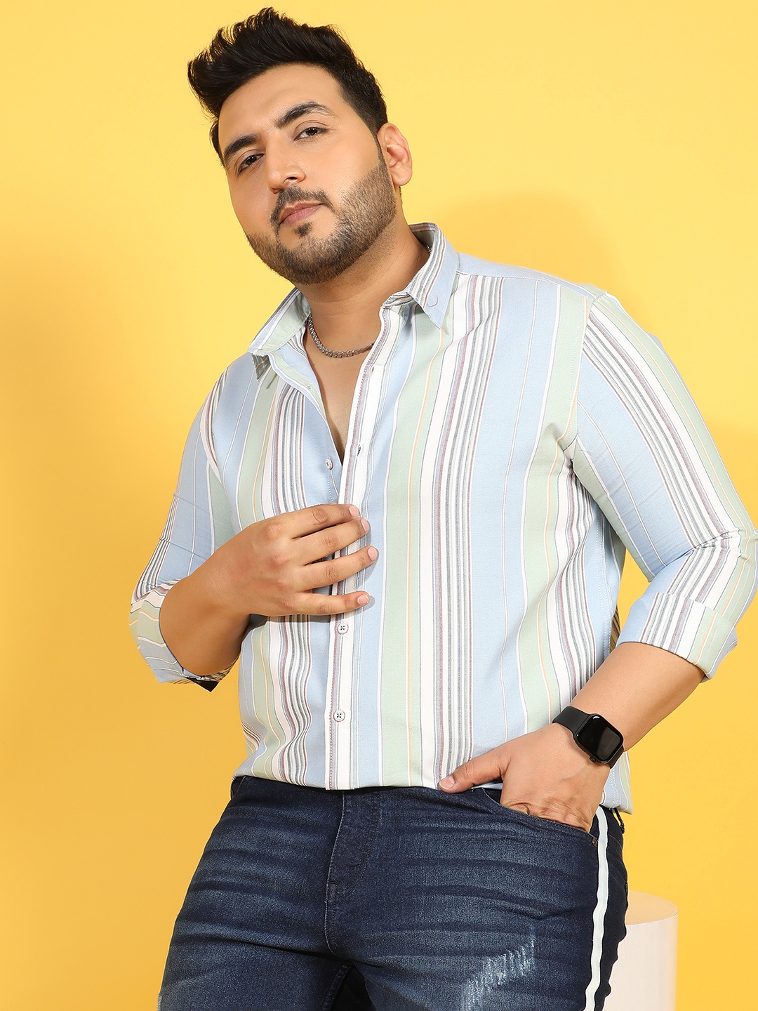 Instafab Plus Plus Size Classic Striped Cotton Casual Shirt, Blue