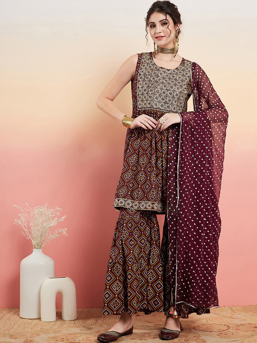 

Sangria Bandhani Printed A-line Kurti With Sharara & Dupatta, Purple