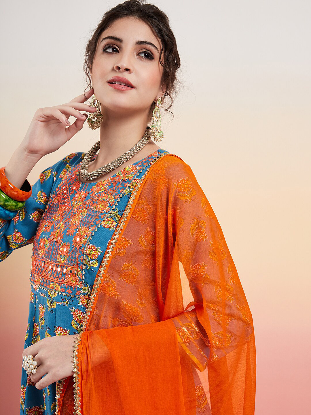 

Sangria Ethnic Motifs Printed Sequinned A-line Kurta With Trousers & Dupatta, Blue