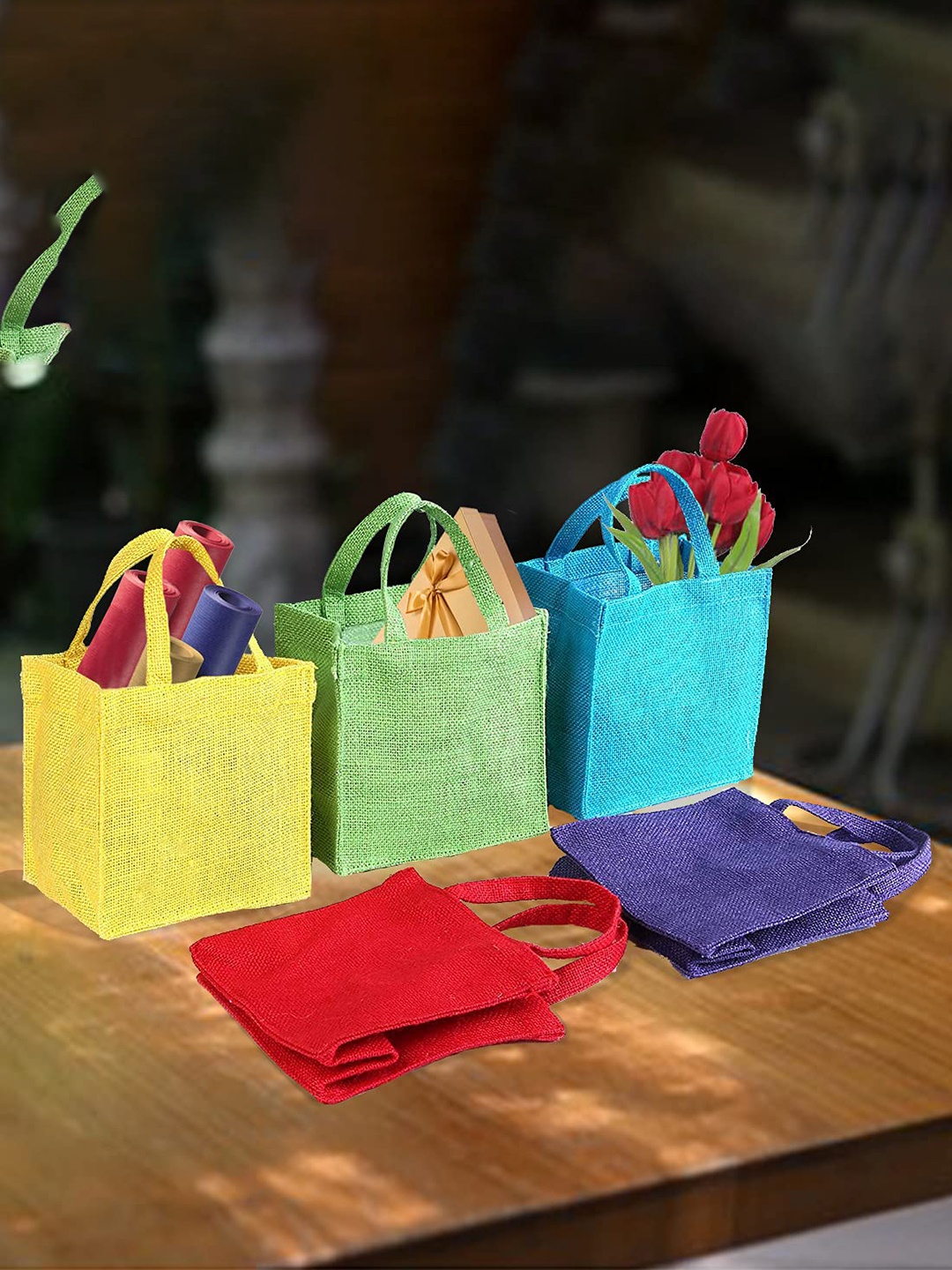 earthbags Set of 5 Shopper Jute Tote Bags, Yellow