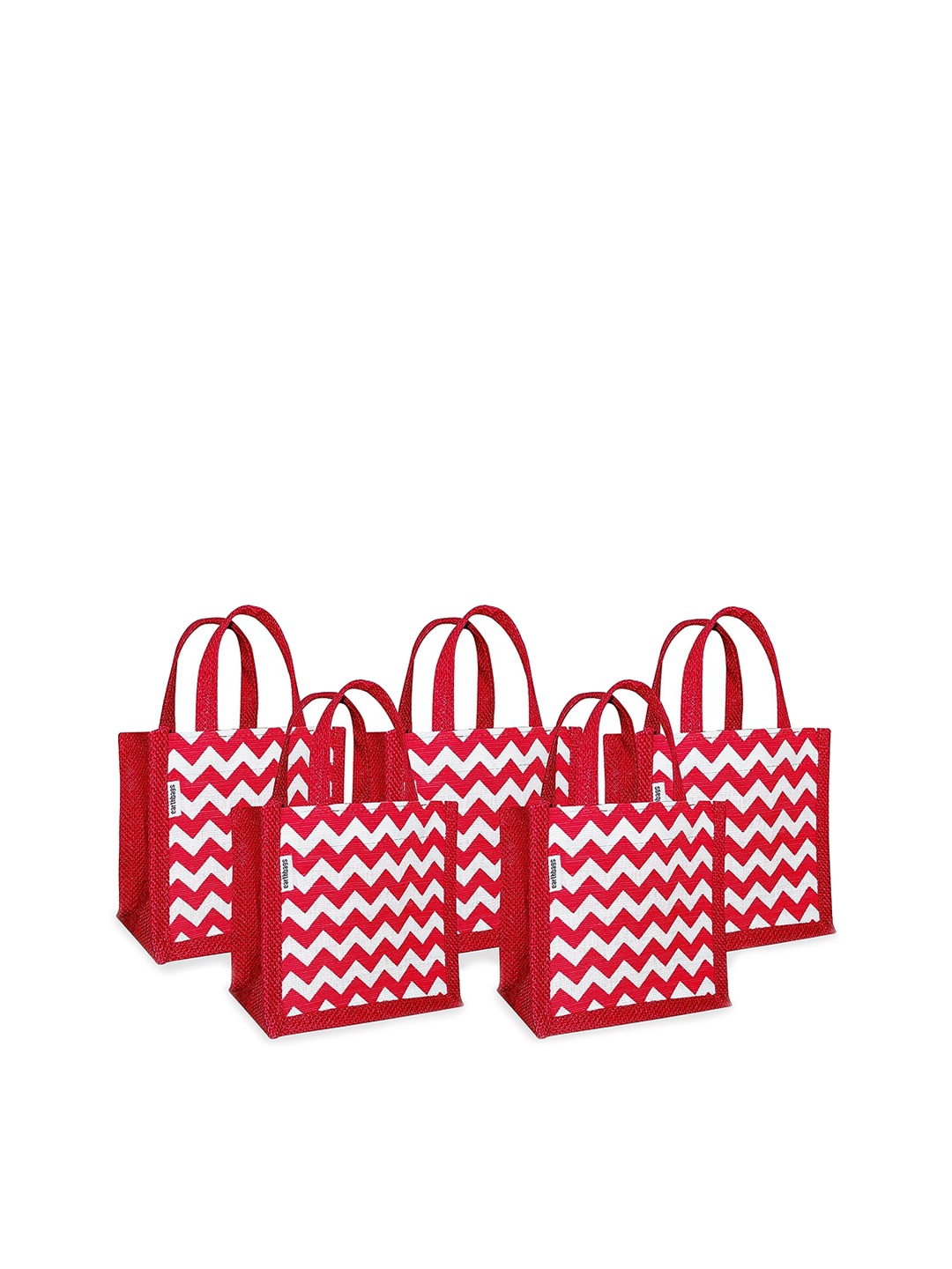 earthbags Pack Of 5 Geometric Shopper Tote Bag With Cut Work, Red