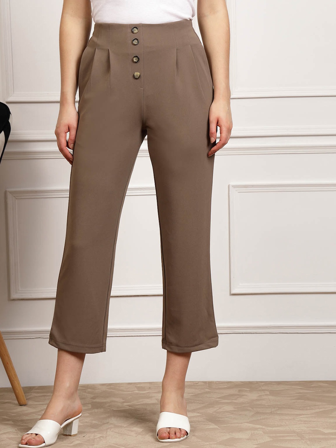 

plusS WORX Women Brown Pleated Cropped Trousers