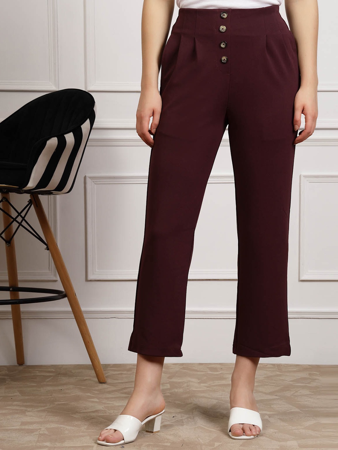 

plusS WORX Women Burgundy Pleated Cropped Trousers