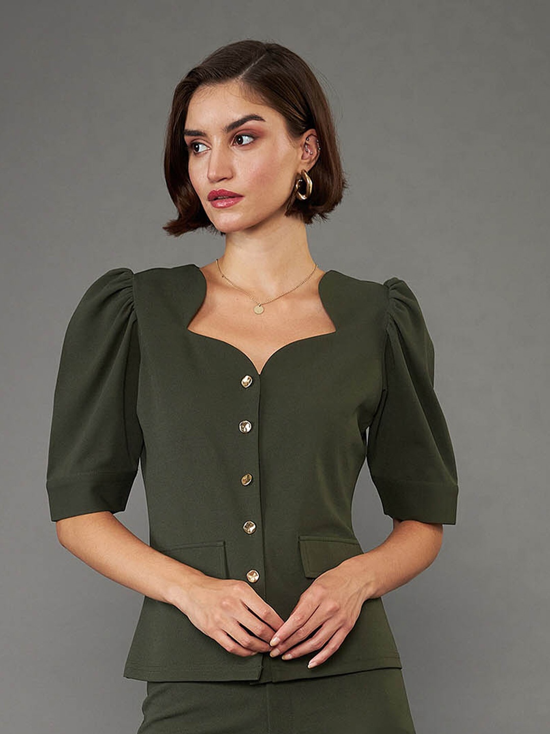 

SASSAFRAS worklyf Sweetheart Neck Puff Sleeves Shirt Style Top, Olive