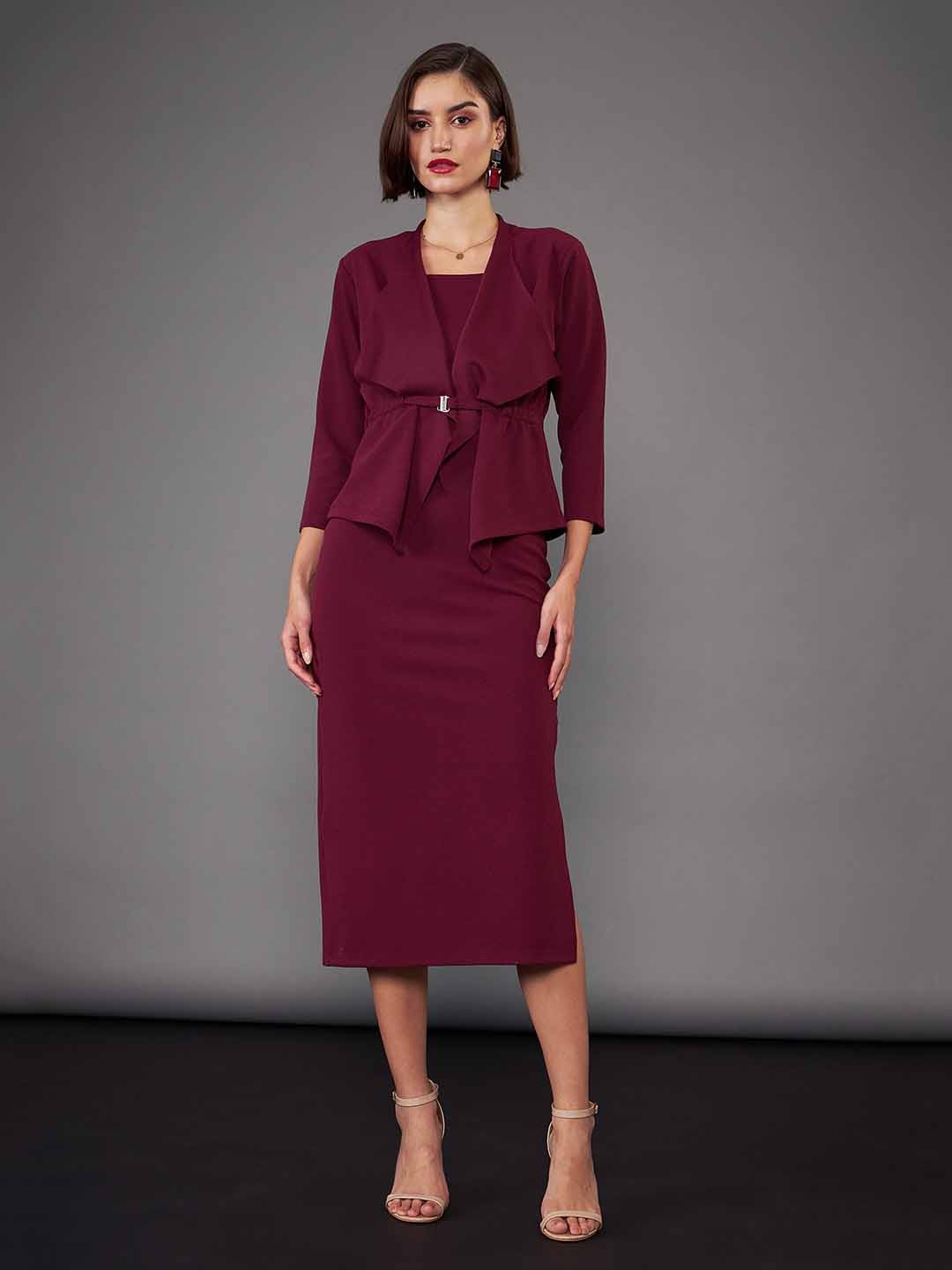 

SASSAFRAS worklyf Shoulder Straps Sheath Midi Dress With Crop Shrug, Burgundy