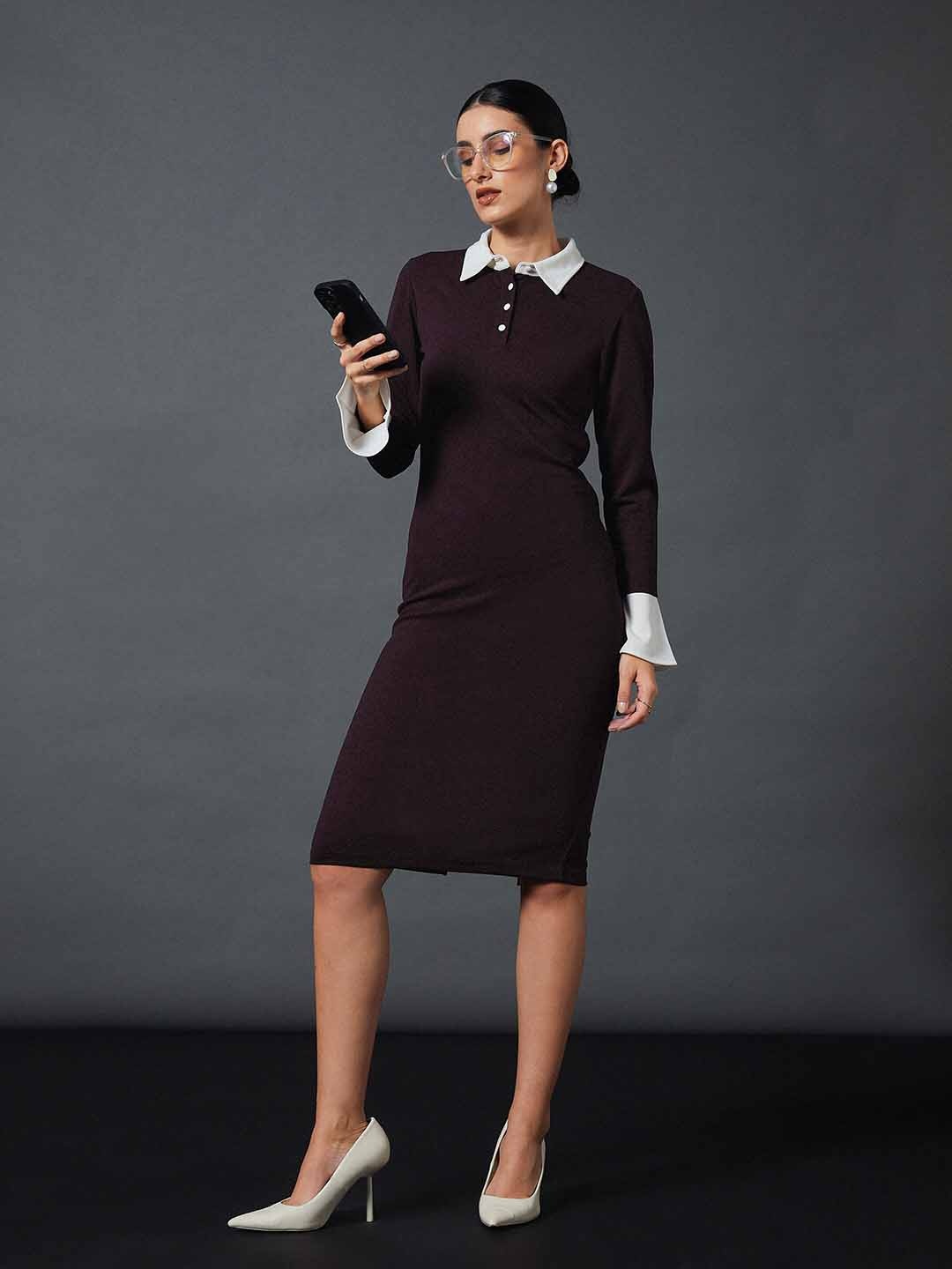 

SASSAFRAS worklyf Shirt Collar Sheath Midi Dress, Burgundy