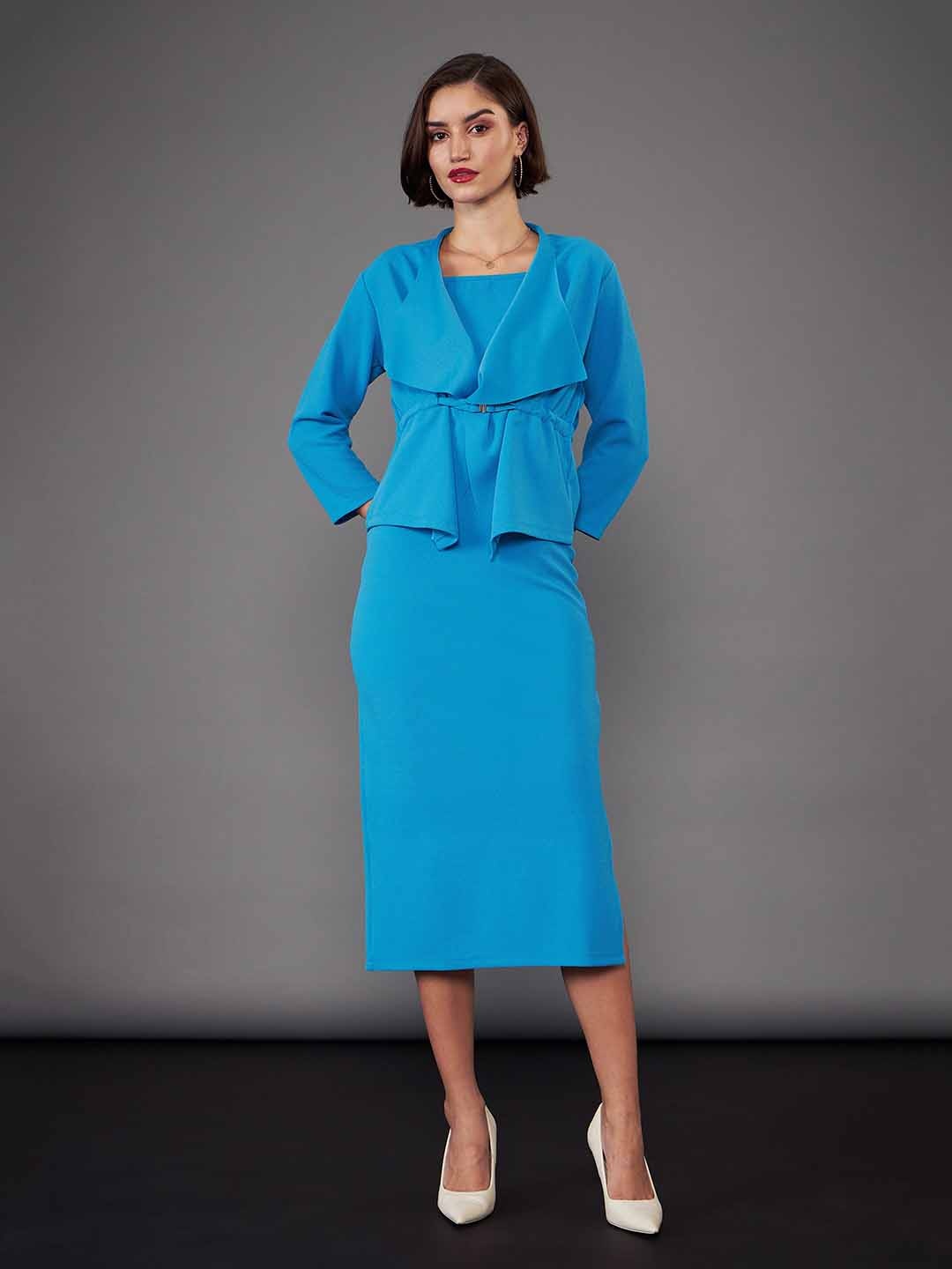 

SASSAFRAS worklyf Square Neck Bodycon Midi Dress With Shrug, Turquoise blue