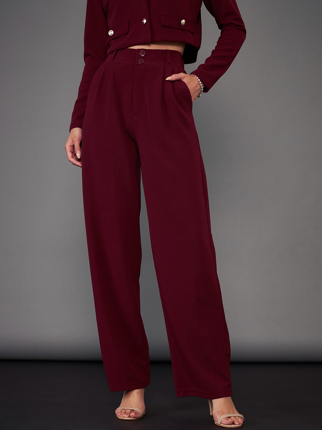 

SASSAFRAS worklyf Straight Fit High Rise Pleated Plain Parallel Trousers, Burgundy