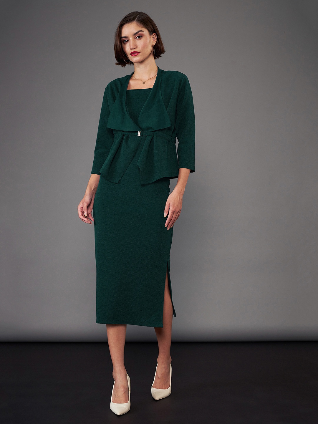 

SASSAFRAS worklyf Shoulder Straps Sheath Midi Dress With Shrug, Green