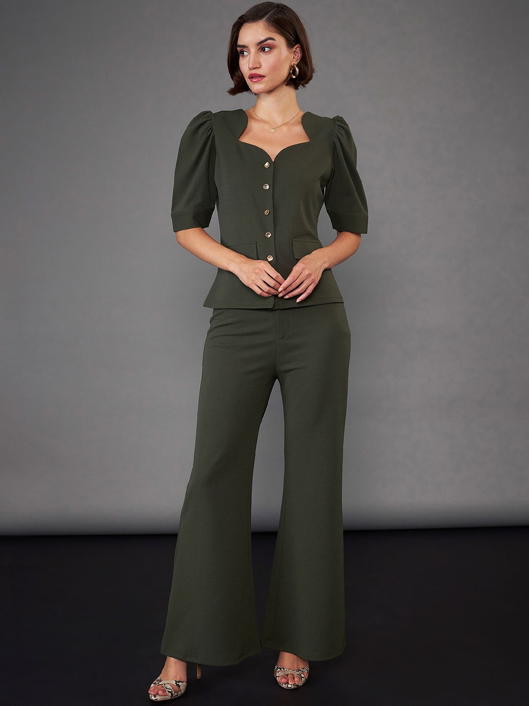 

SASSAFRAS worklyf Olive Green Puff Sleeves Top & Trousers Co-Ords