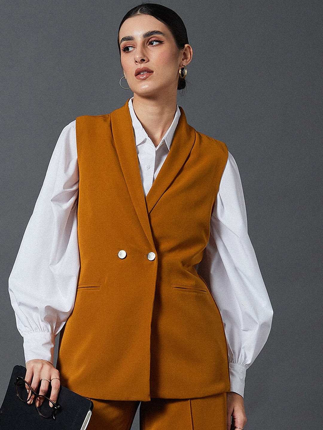 

SASSAFRAS worklyf Double Breast Sleeveless Longline Blazer, Mustard