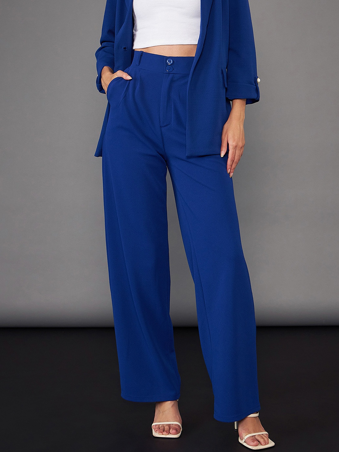 

SASSAFRAS worklyf Straight Fit High Rise Pleated Plain Parallel Trousers, Blue