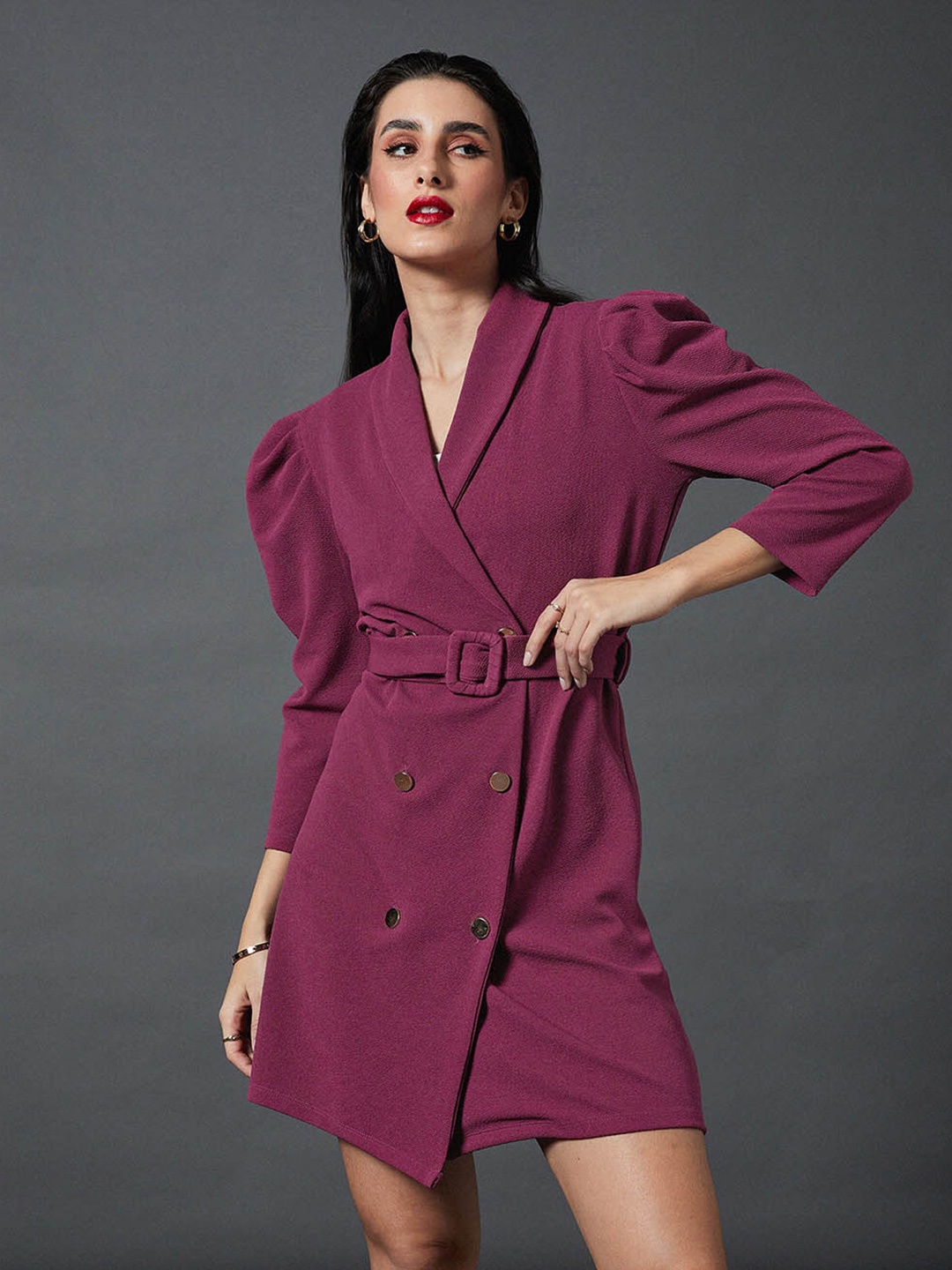 

SASSAFRAS worklyf Shawl Collar Puff Sleeves Blazer Dress, Mauve