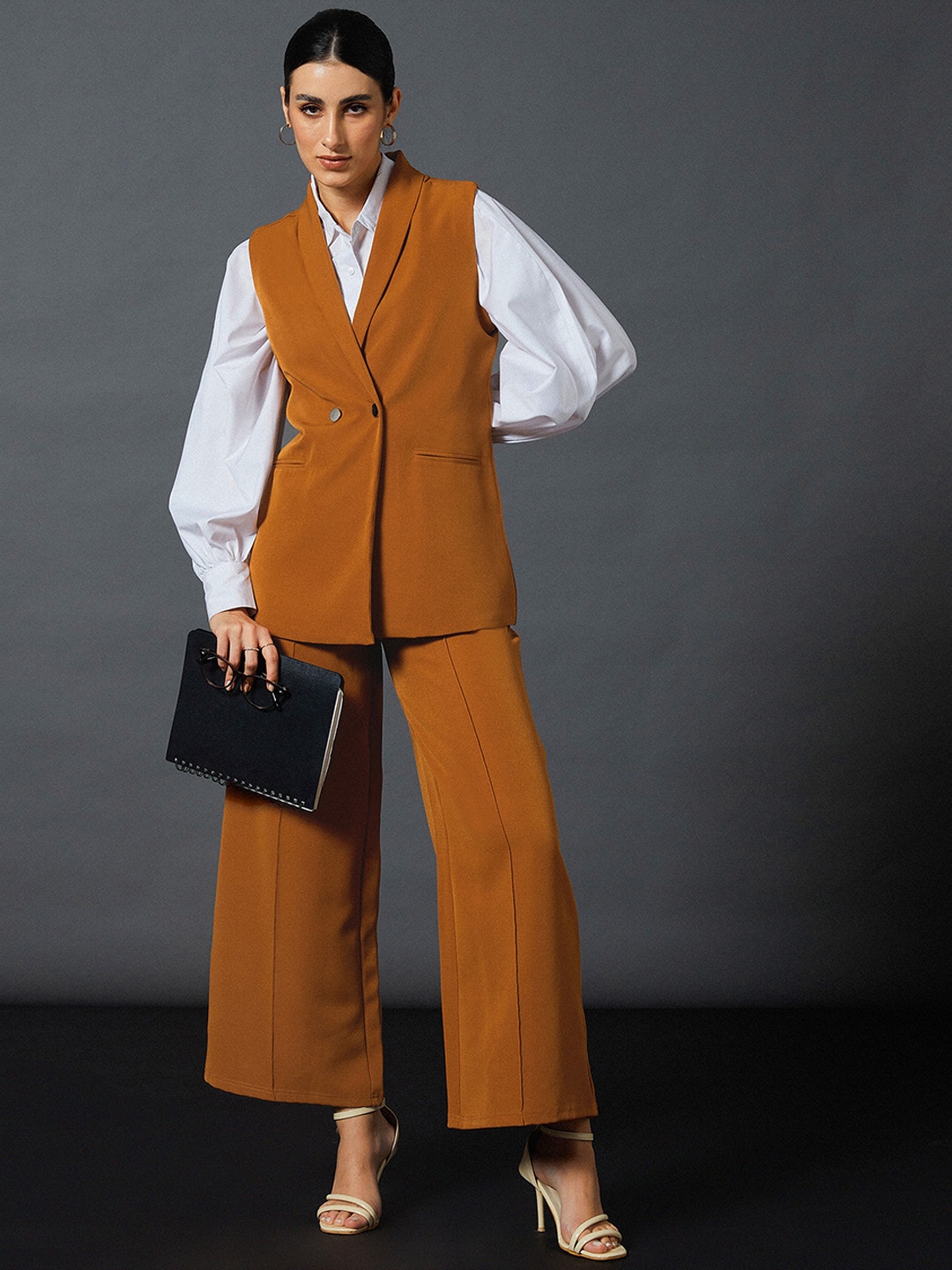 

SASSAFRAS worklyf Sleeveless Blazer With Palazzos Co-Ords, Mustard