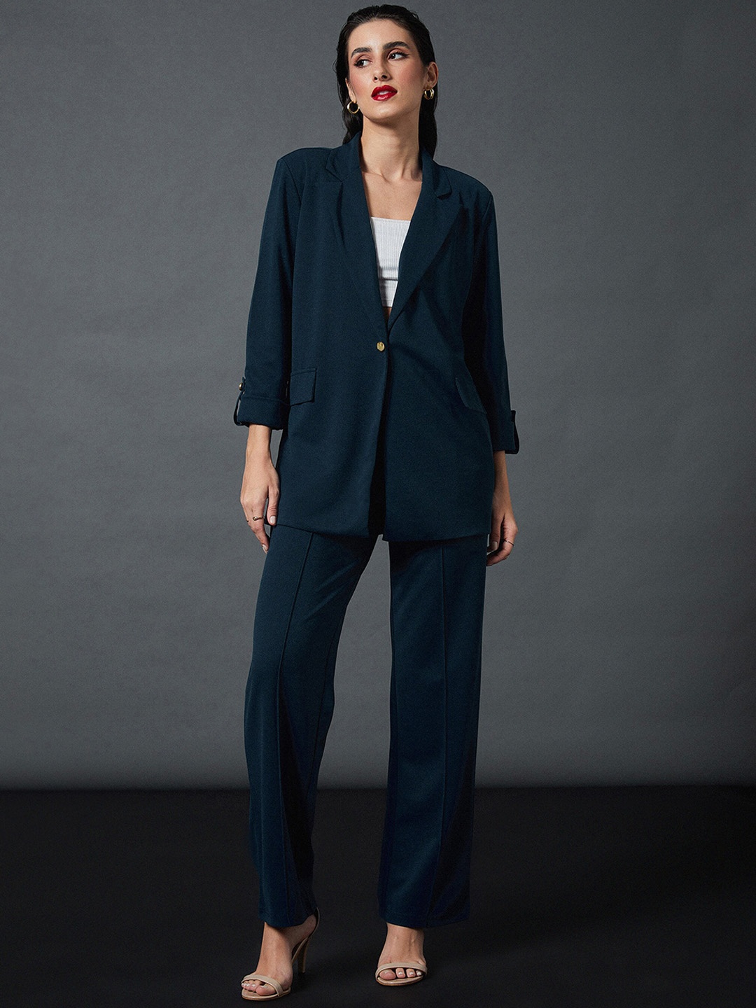 

SASSAFRAS worklyf Single Breasted Longline Blazer With Trousers Suit, Blue
