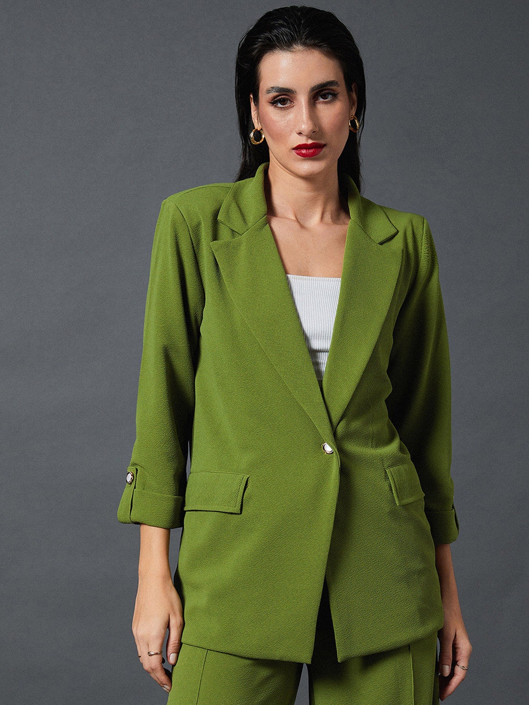 

SASSAFRAS worklyf Self-Design Single-Breasted Blazers, Olive