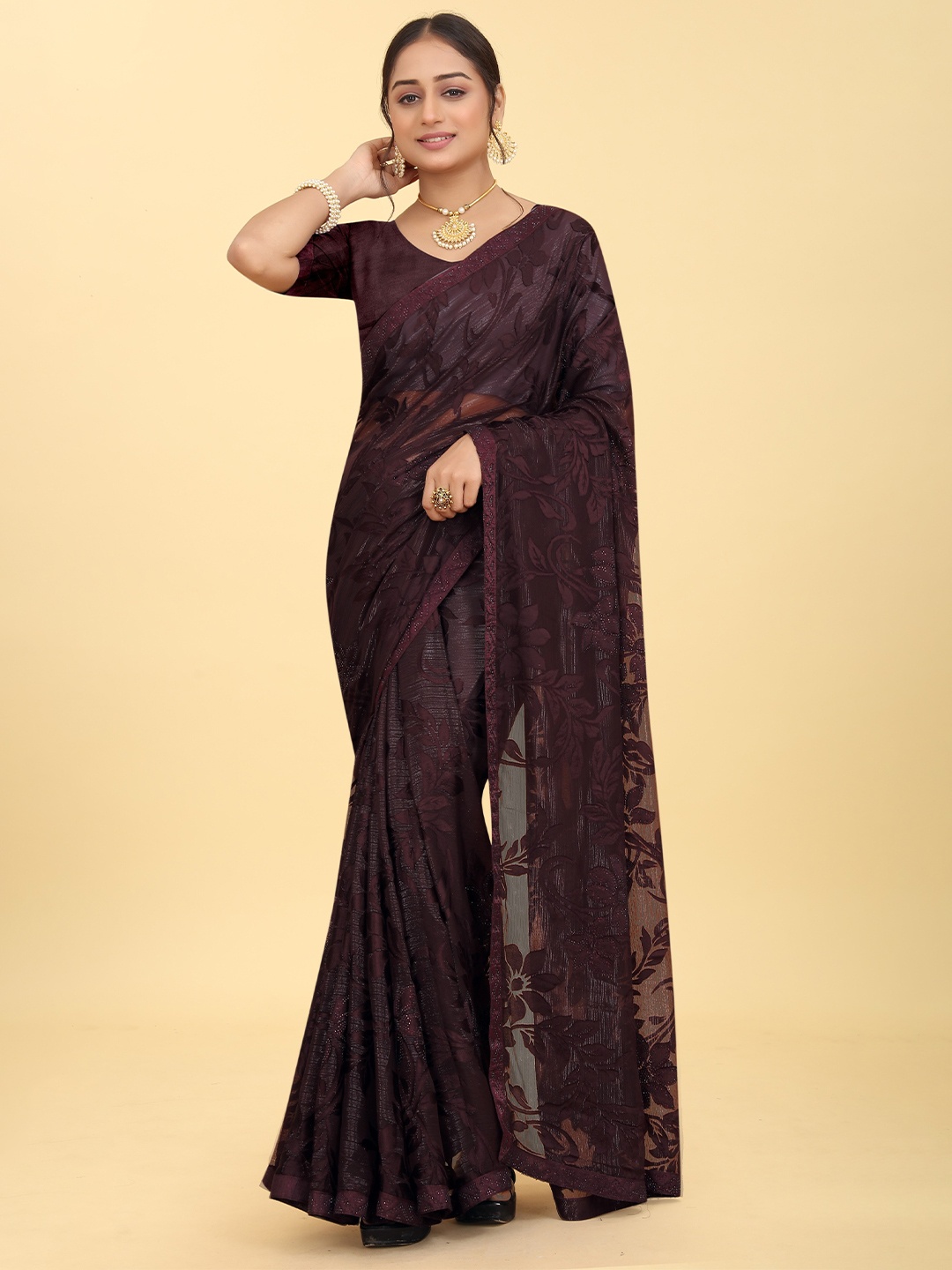 

Kiwie Floral Beads and Stones Satin Saree, Purple